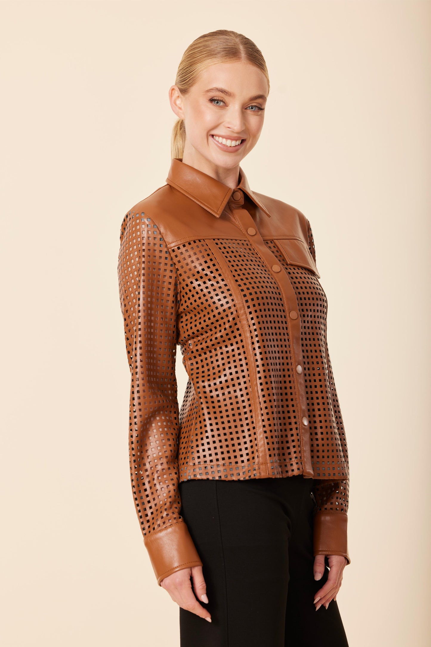 Faux Leather Laser Cut Shirt