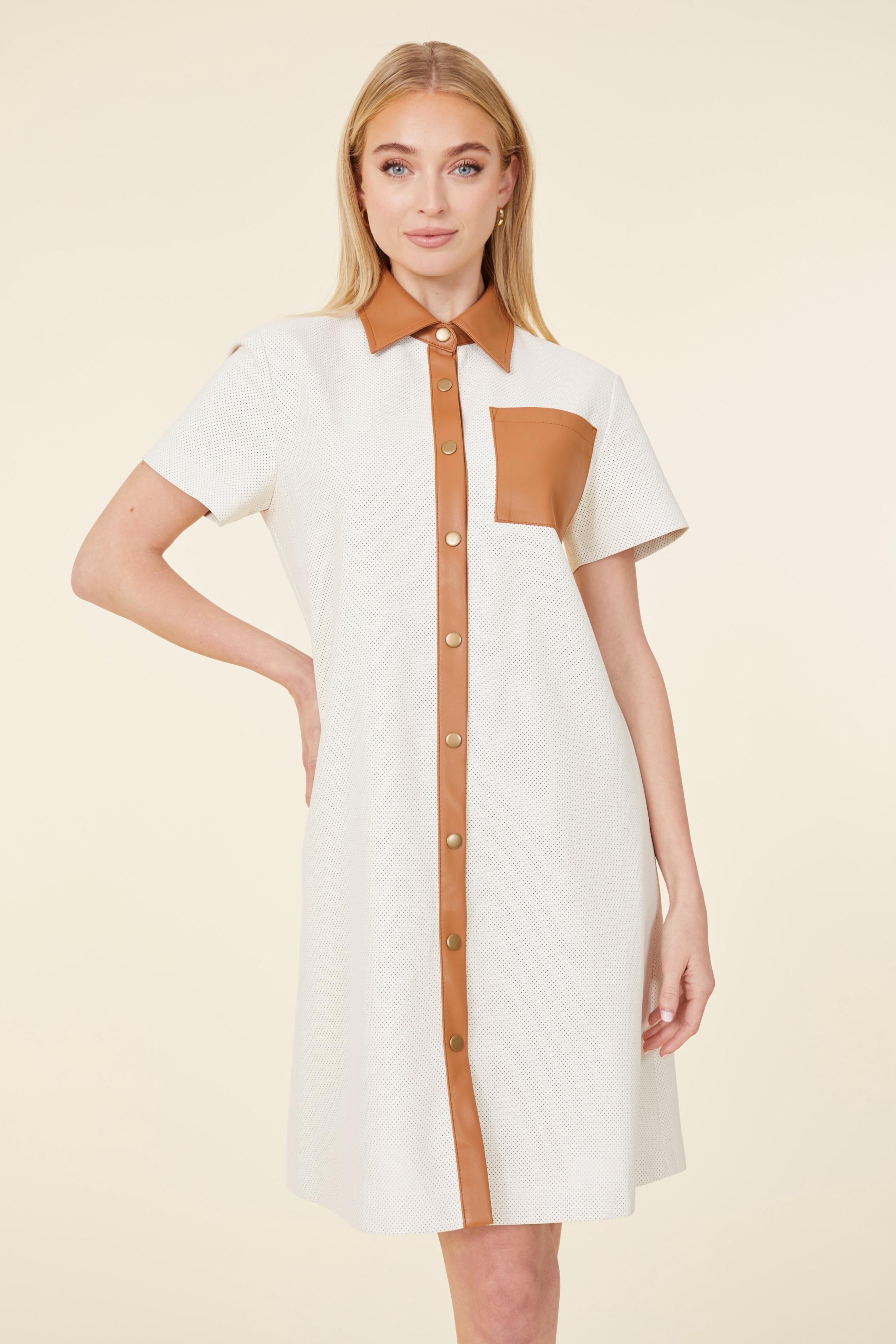 Vegan Leather Perforated Short Sleeve Dress Creme/Brown / M Vegan Leather Perforated Short Sleeve Dress Creme/Brown / M