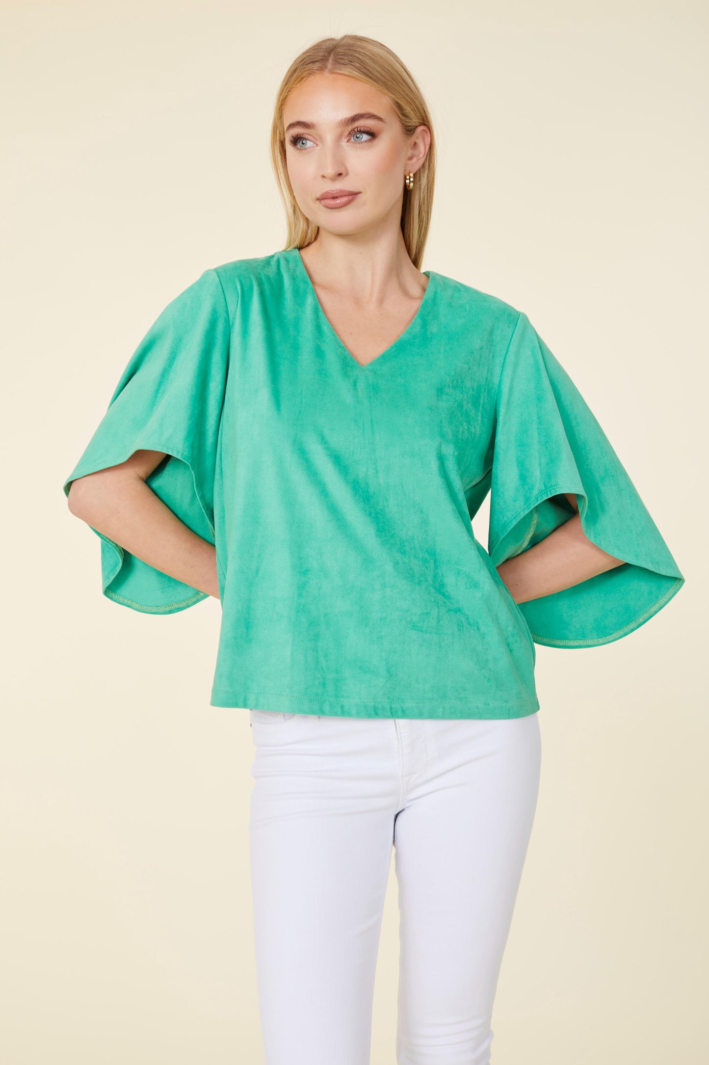 Faux Suede Cascade Sleeve Top