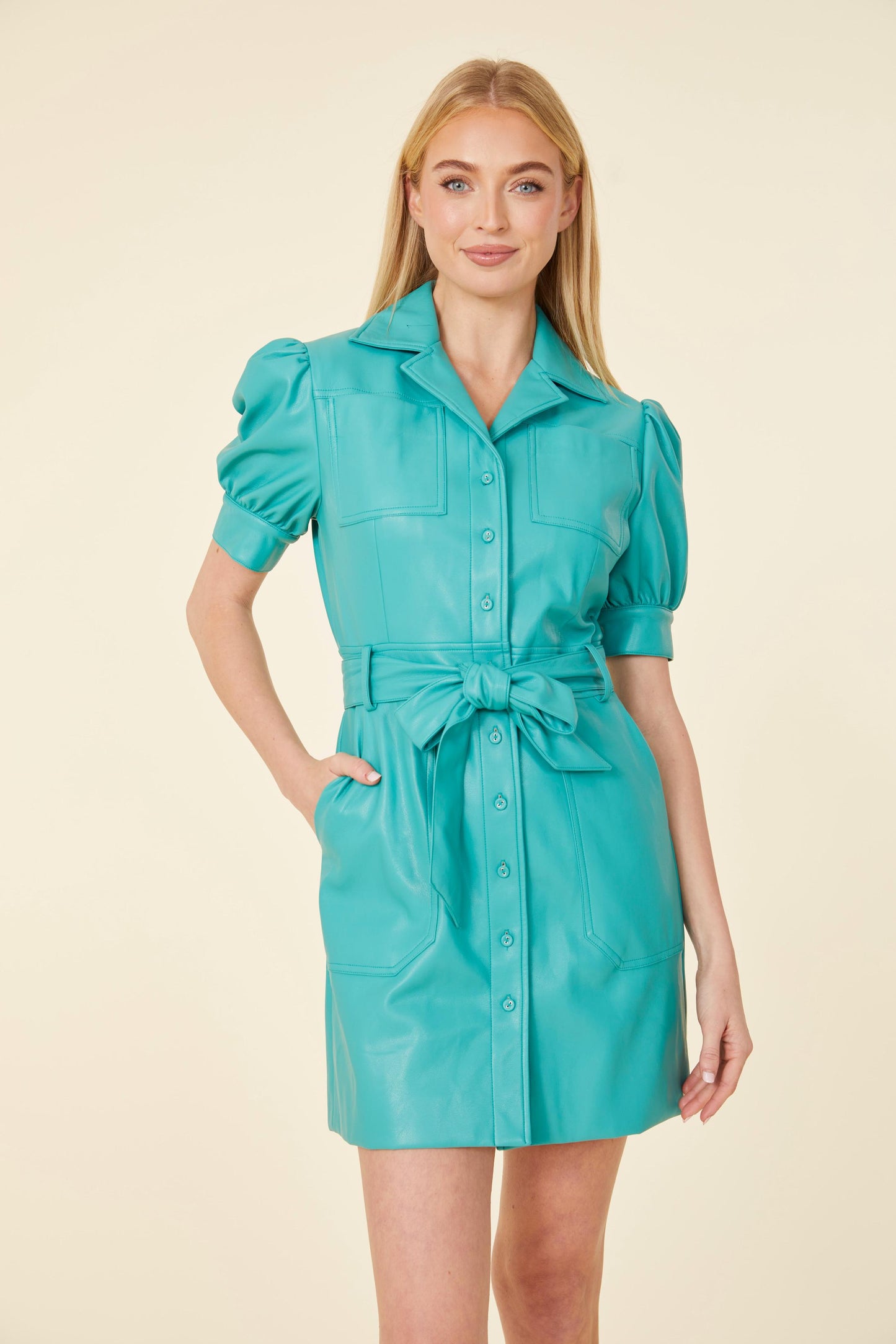 Vegan Leather Short Sleeve Belted Dress