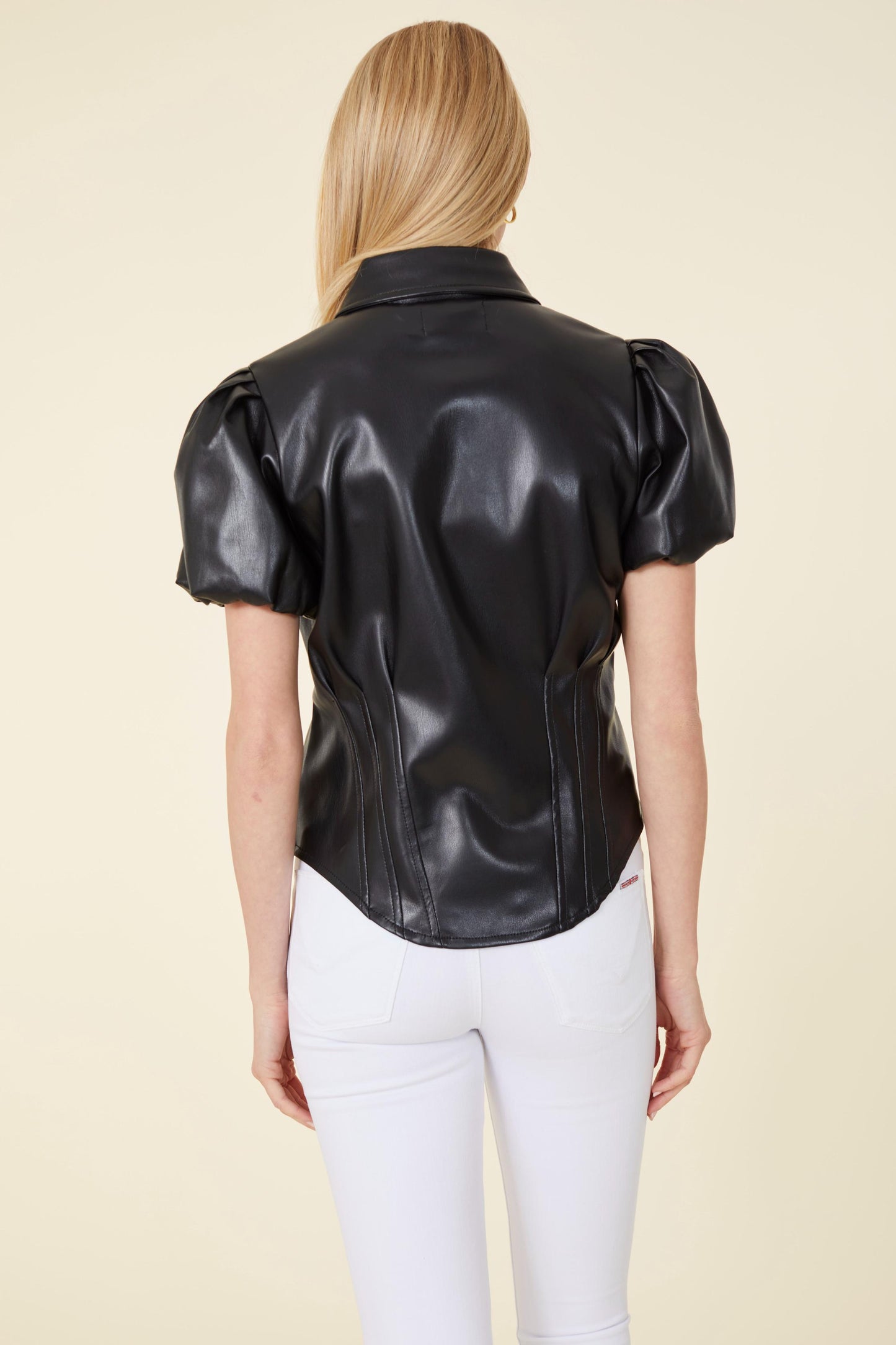 Vegan Leather Puff Shoulder Fitted Shirt