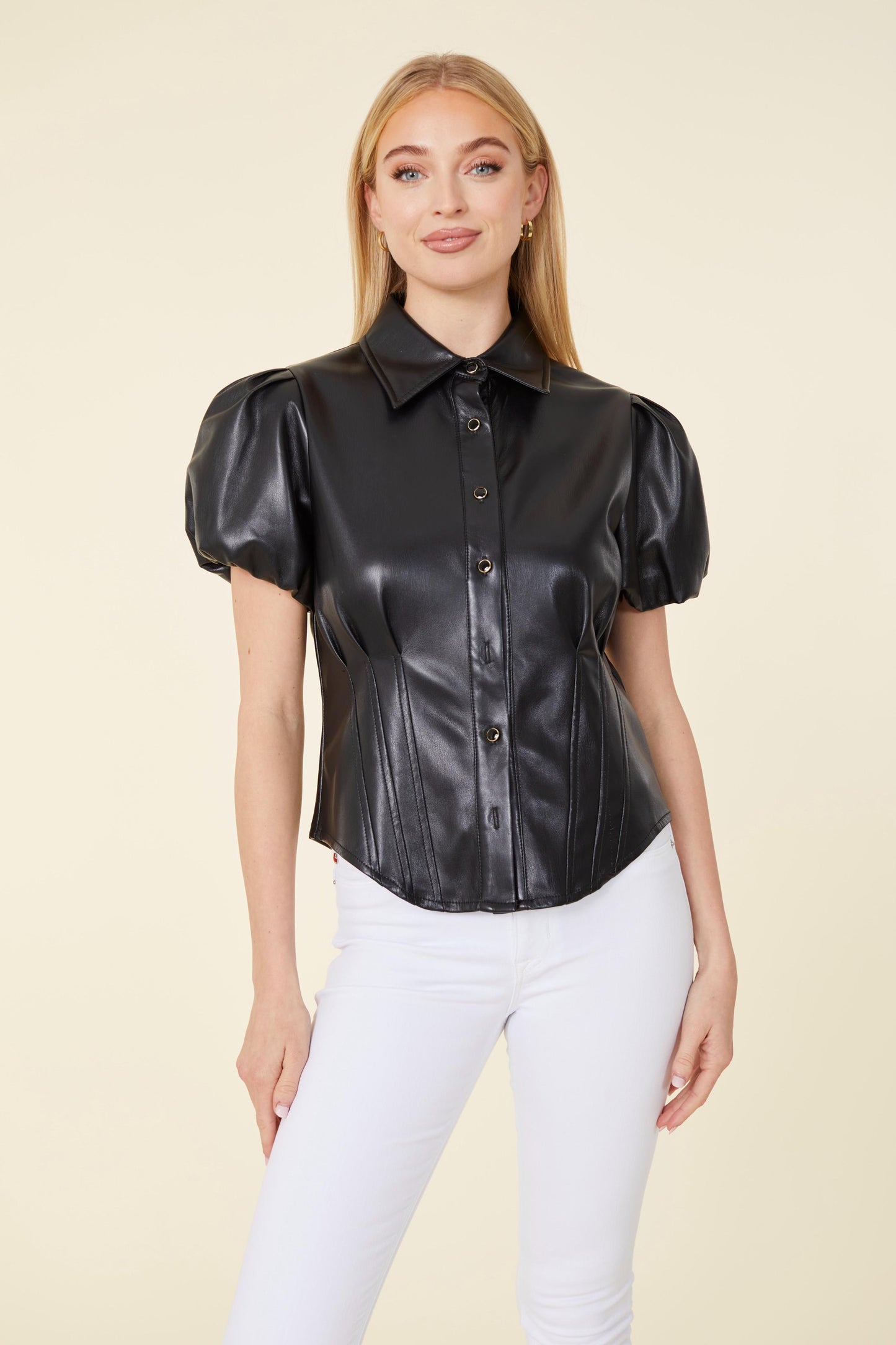 Vegan Leather Puff Shoulder Fitted Shirt