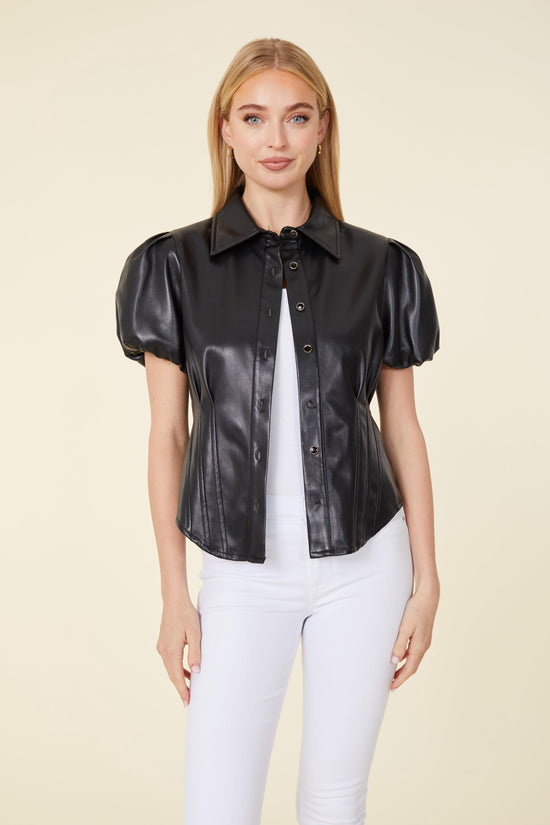 Vegan Leather Puff Shoulder Fitted Shirt