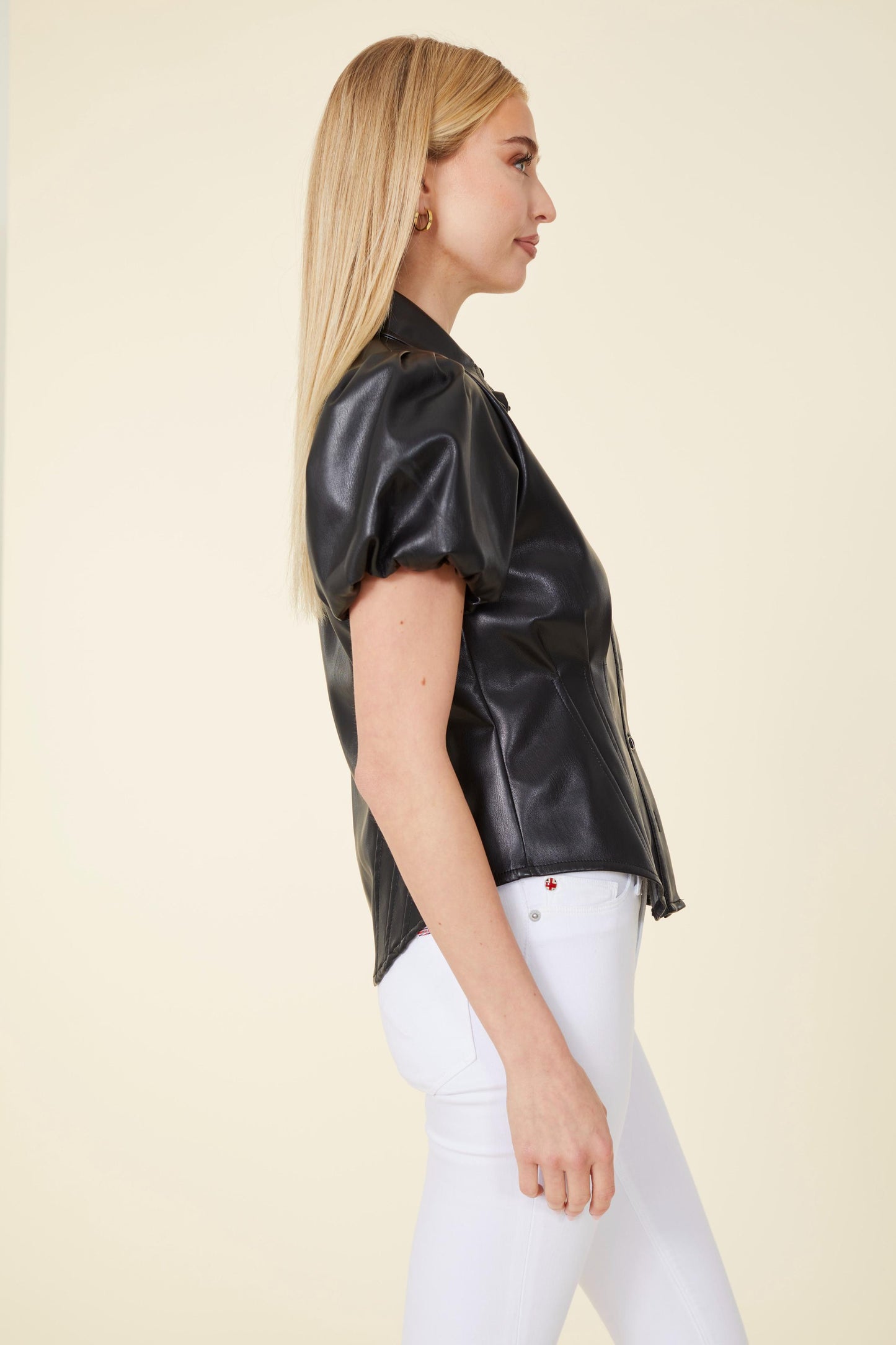 Vegan Leather Puff Shoulder Fitted Shirt