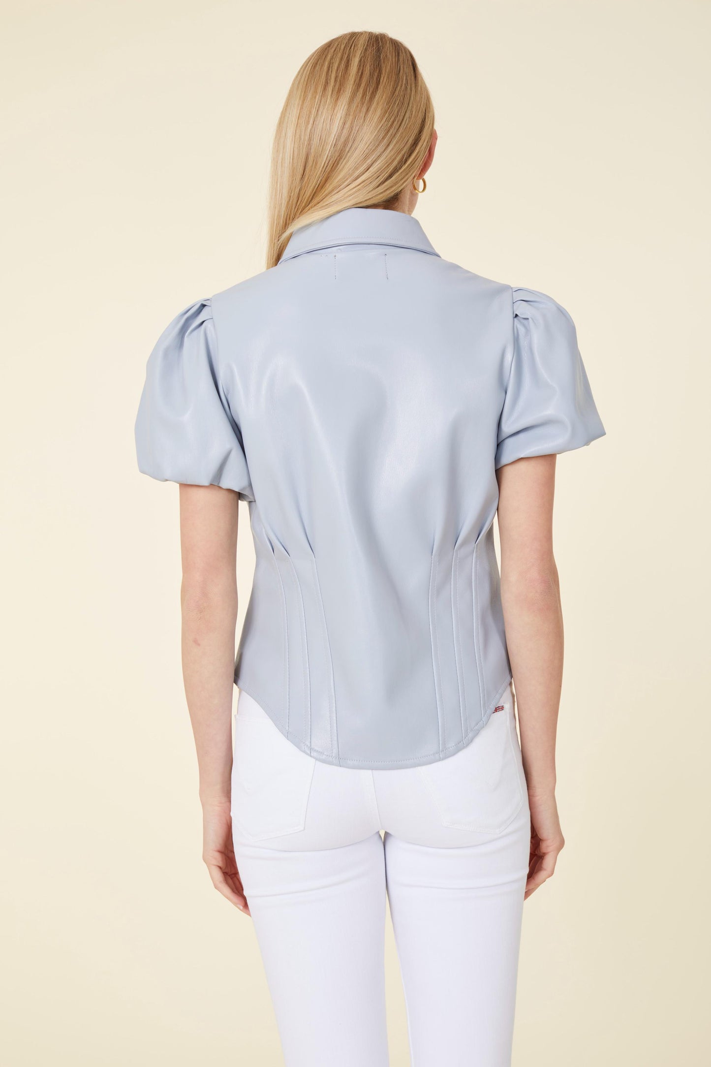 Vegan Leather Puff Shoulder Fitted Shirt