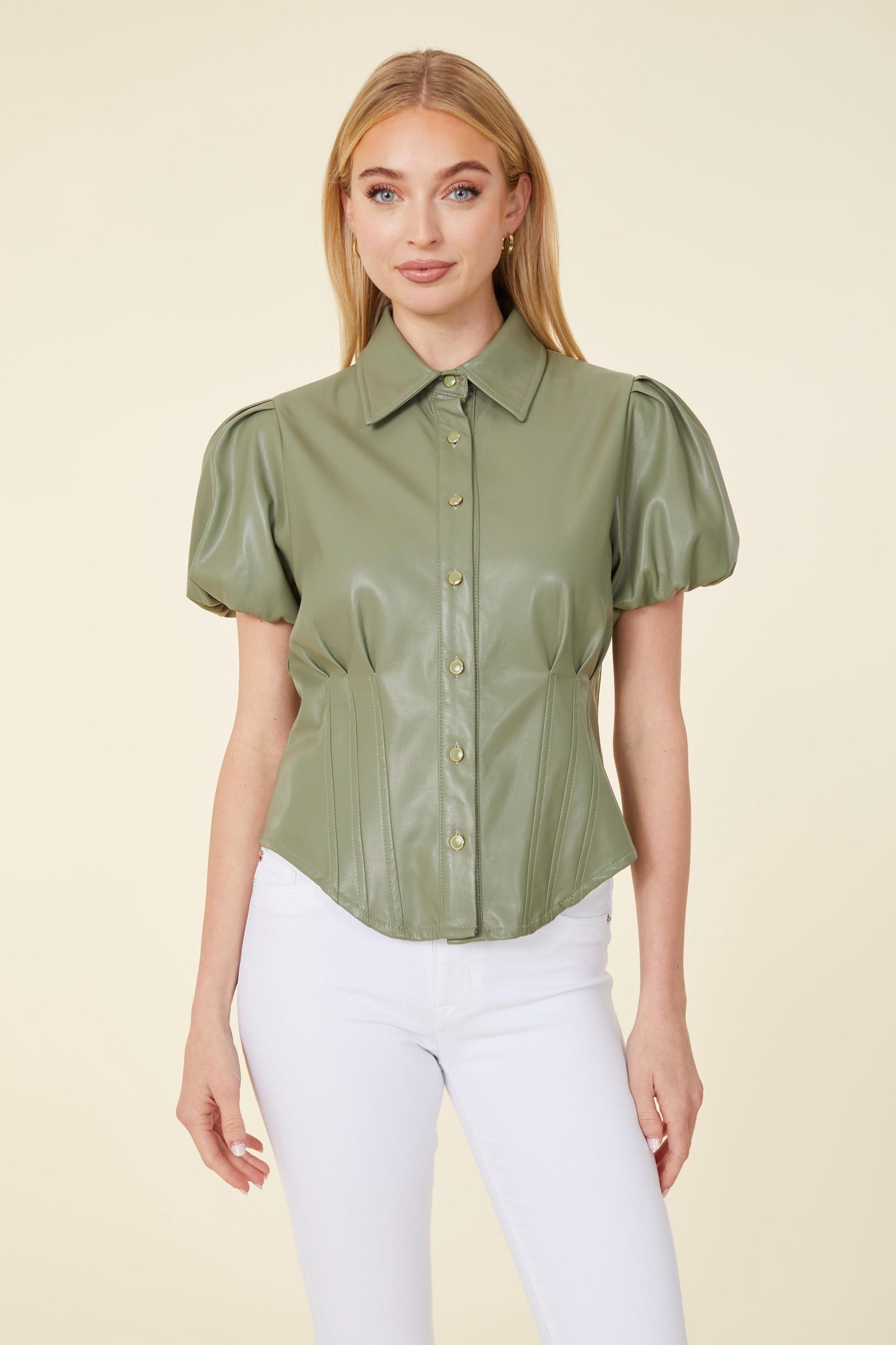 Vegan Leather Puff Shoulder Fitted Shirt