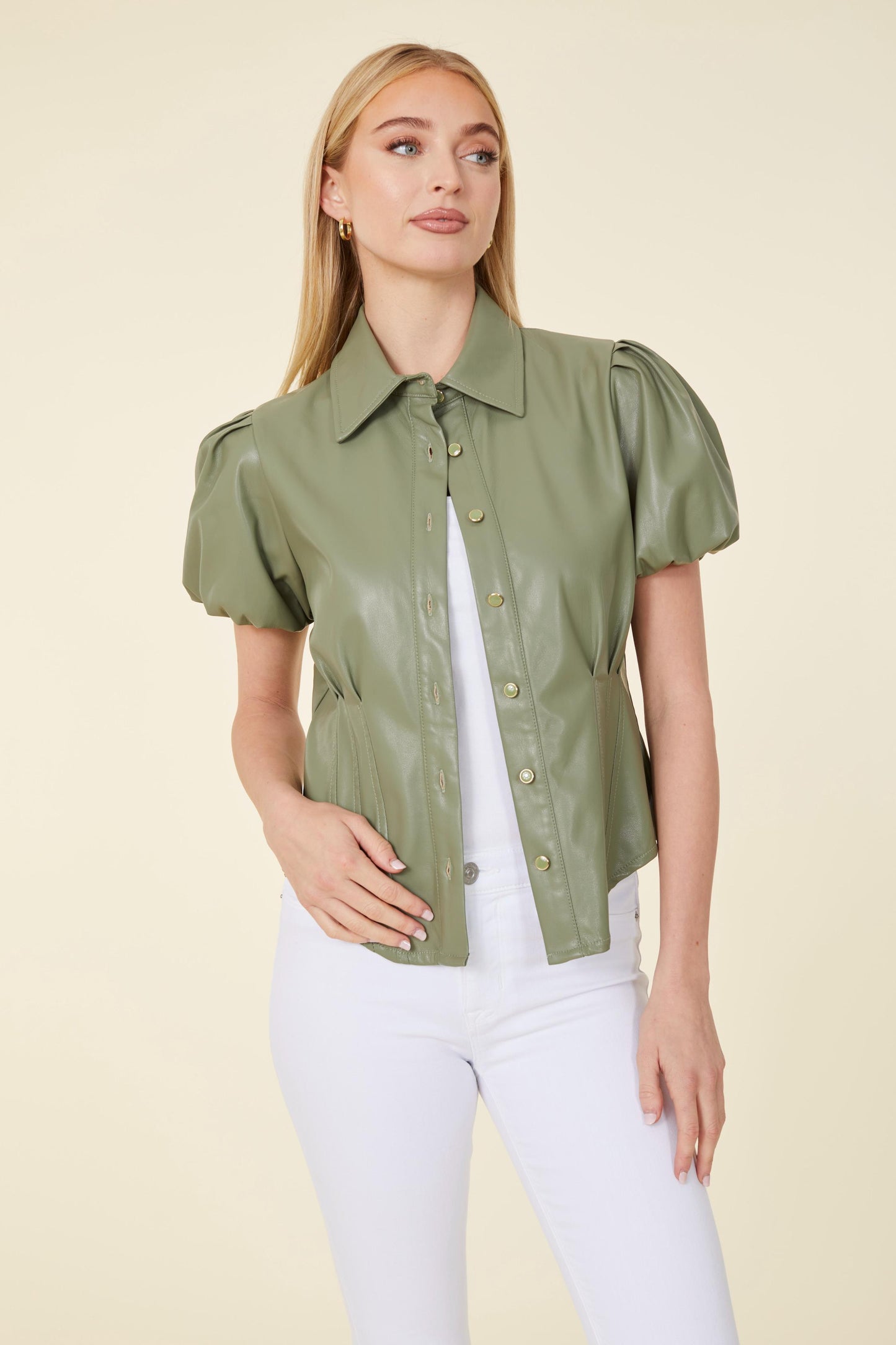 Vegan Leather Puff Shoulder Fitted Shirt