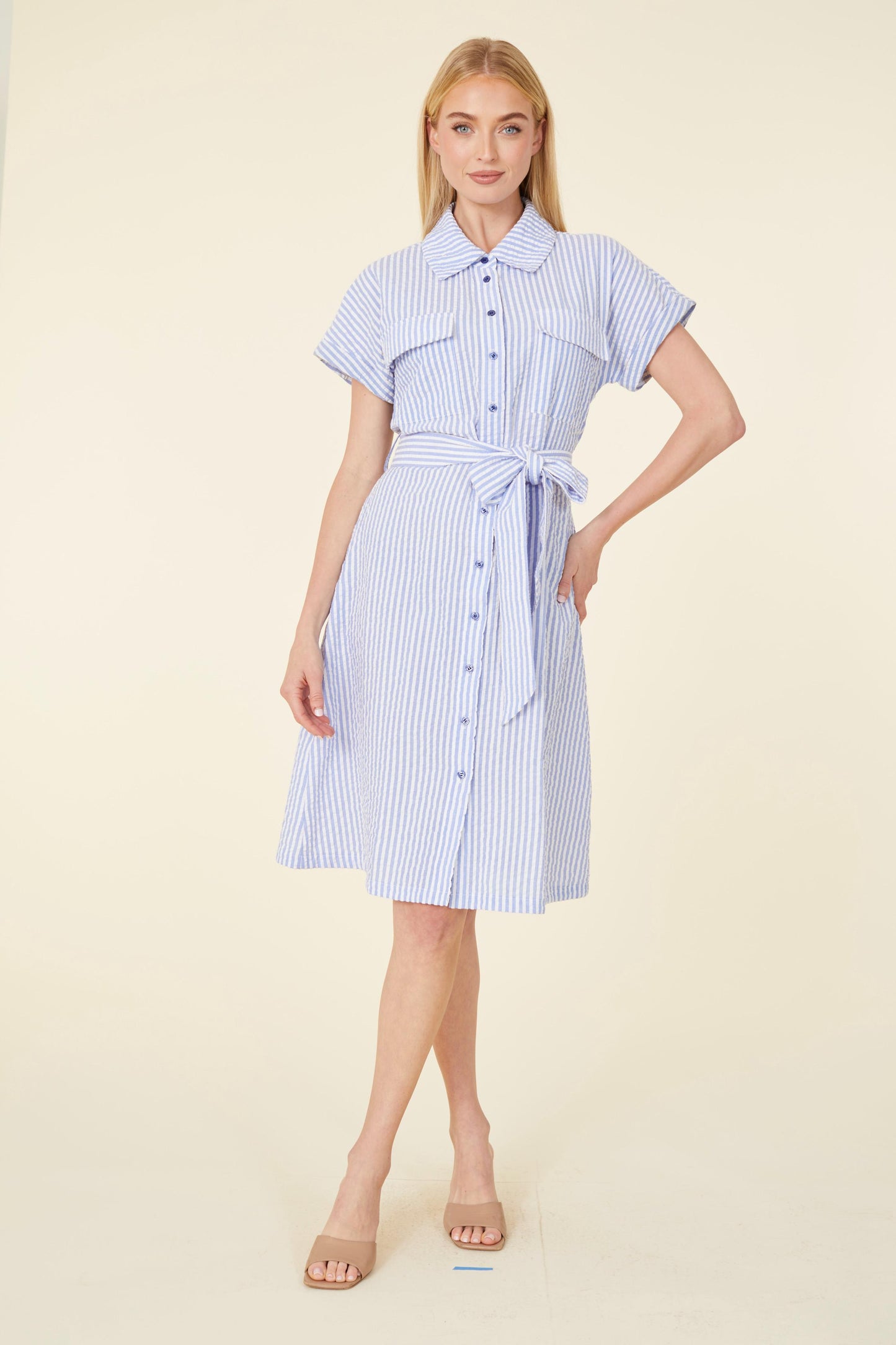 Striped Seer Sucker Belted Dress