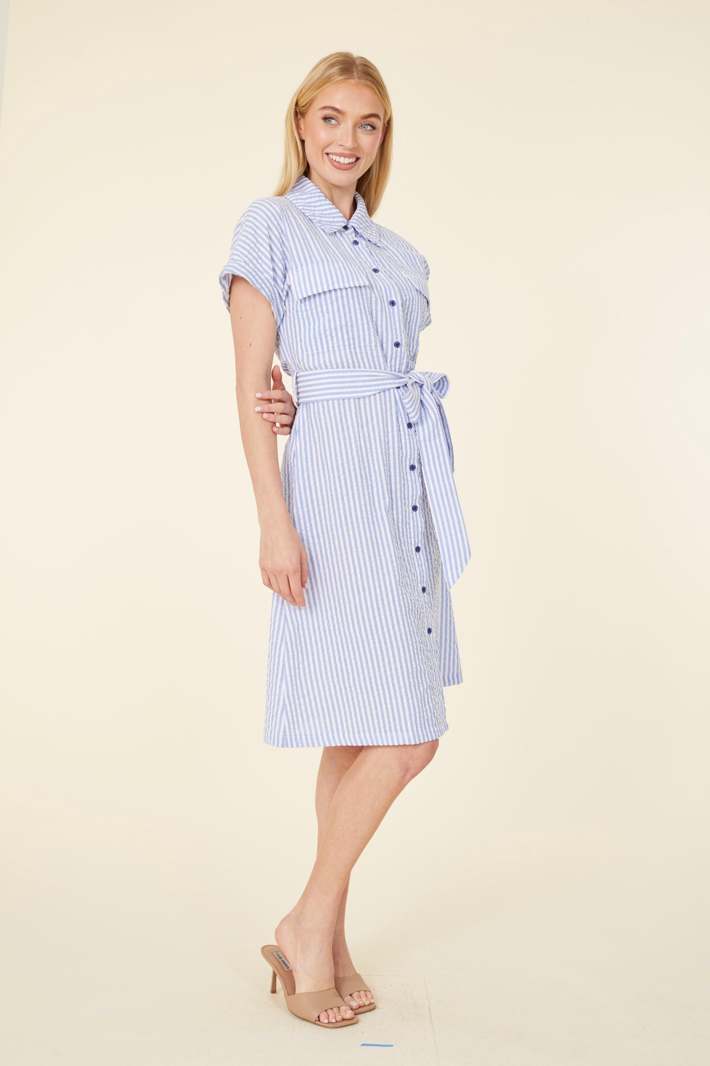 Striped Seer Sucker Belted Dress