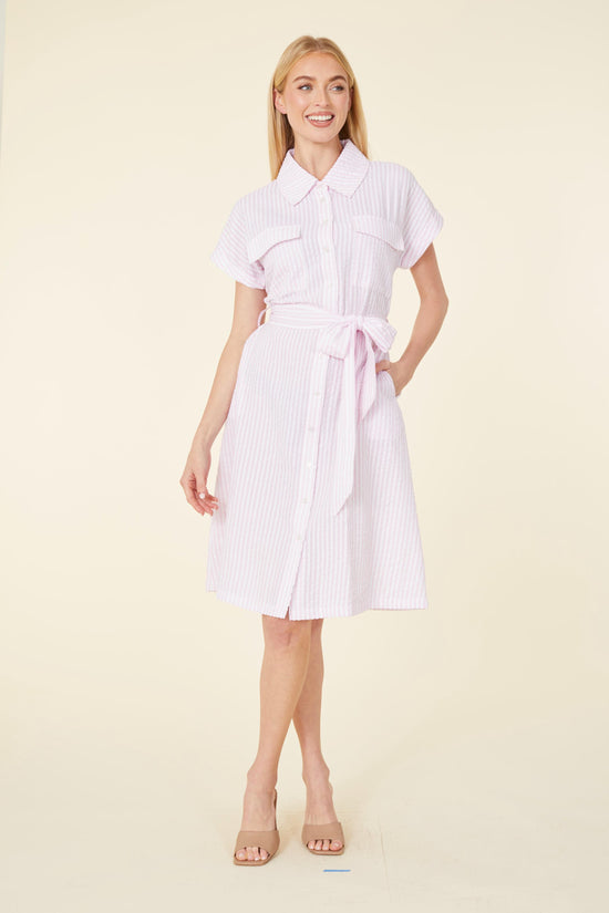 Striped Seer Sucker Belted Dress