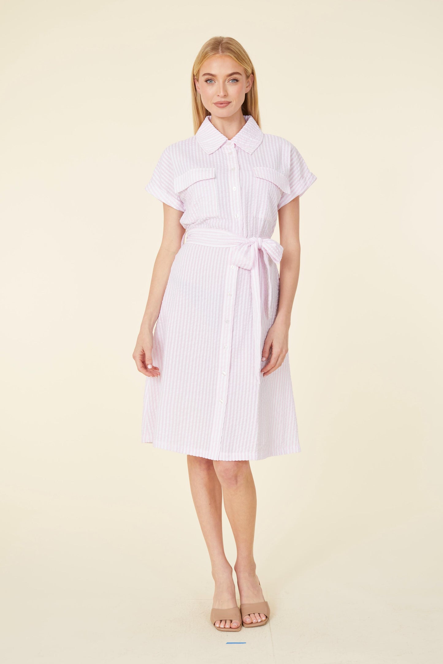 Striped Seer Sucker Belted Dress