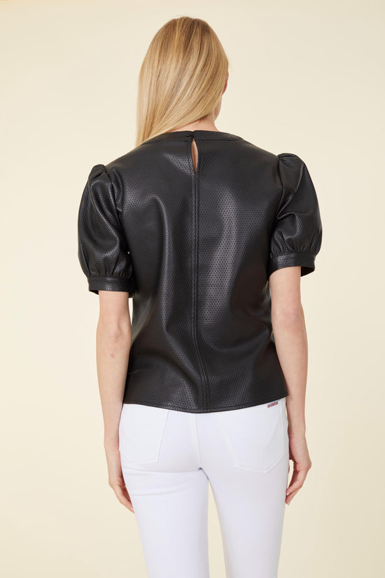 Vegan Leather Perforated Puff Sleeve Top