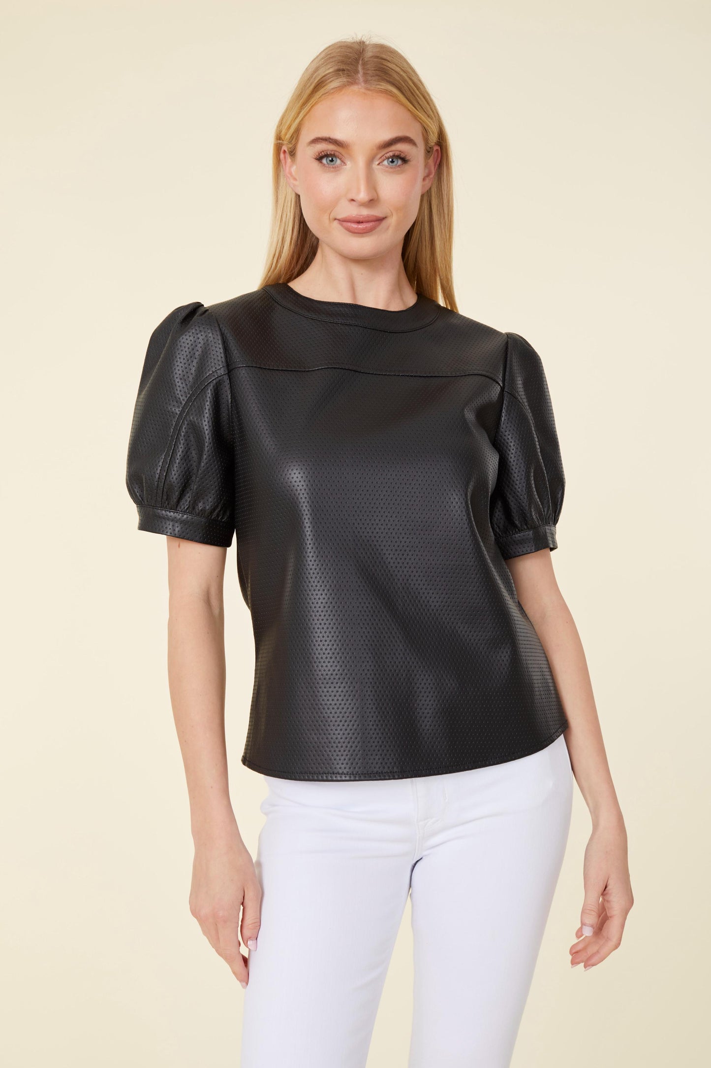 Vegan Leather Perforated Puff Sleeve Top