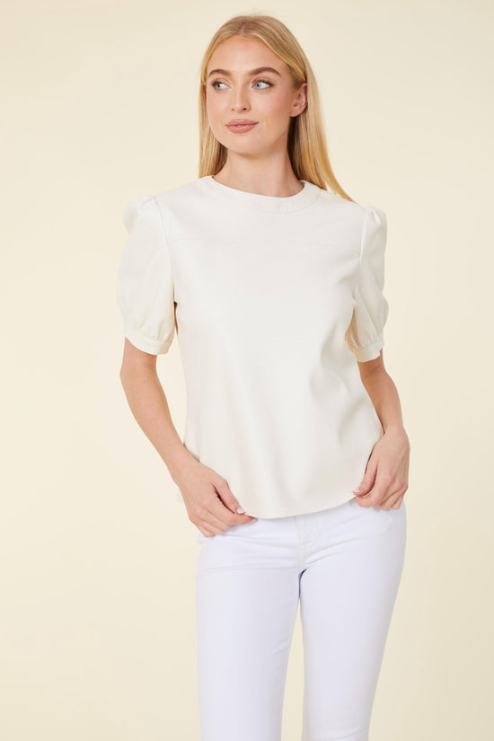 Vegan Leather Perforated Puff Sleeve Top