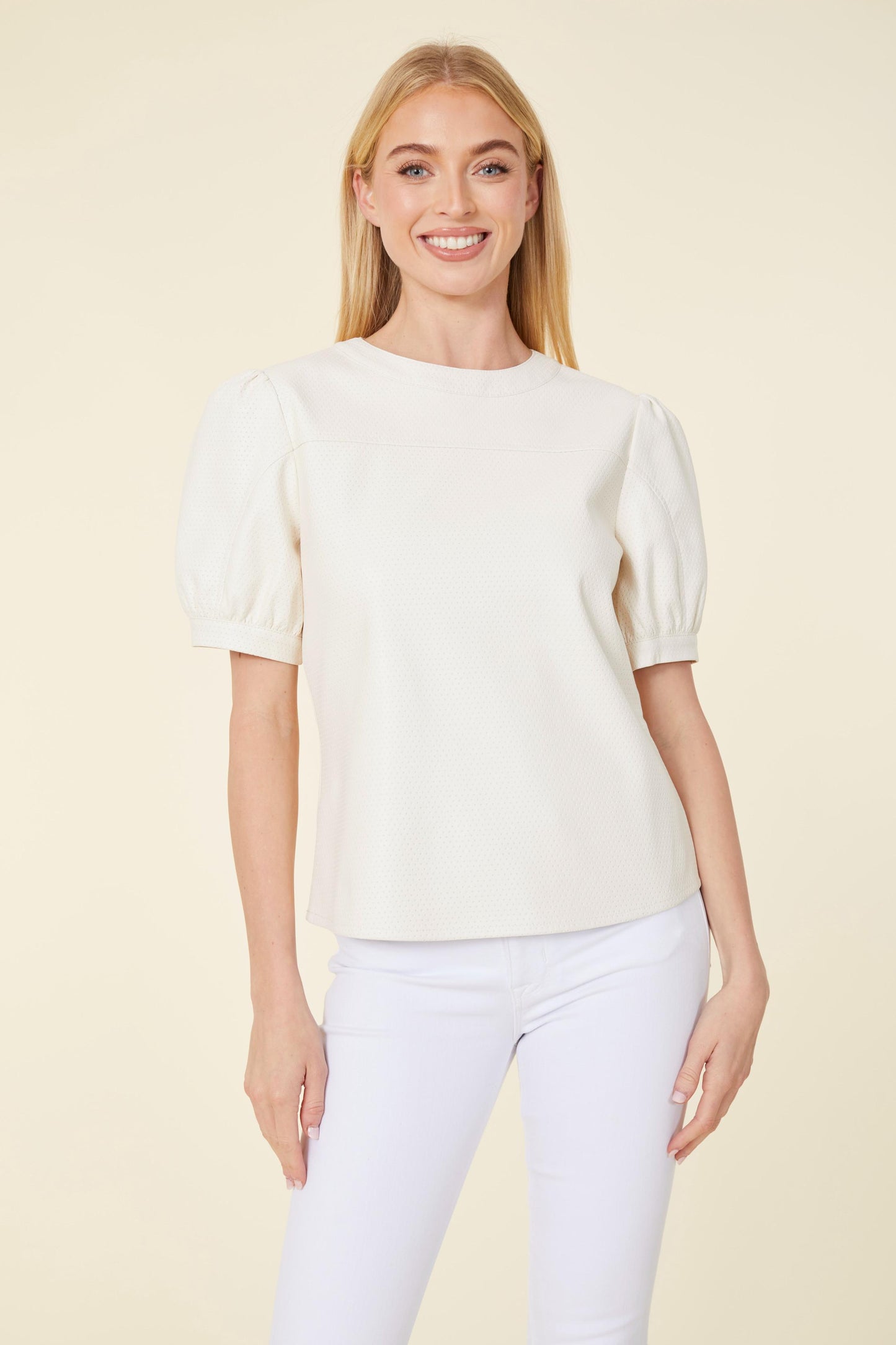 Vegan Leather Perforated Puff Sleeve Top