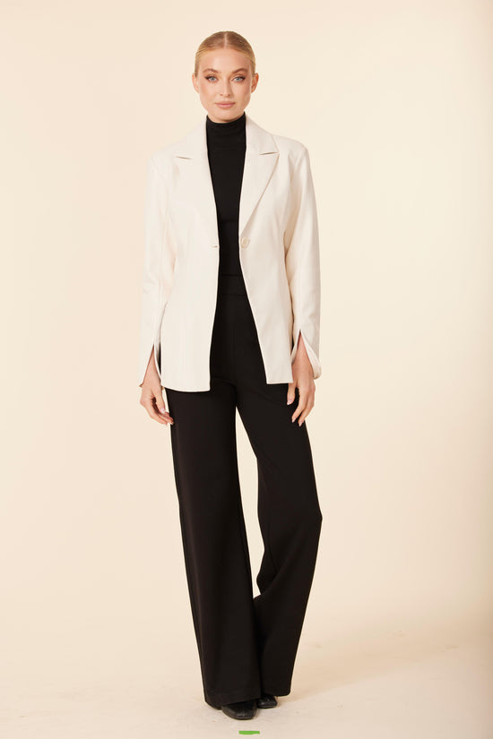 Faux Leather Fitted Blazer With Cuff And Side Vents
