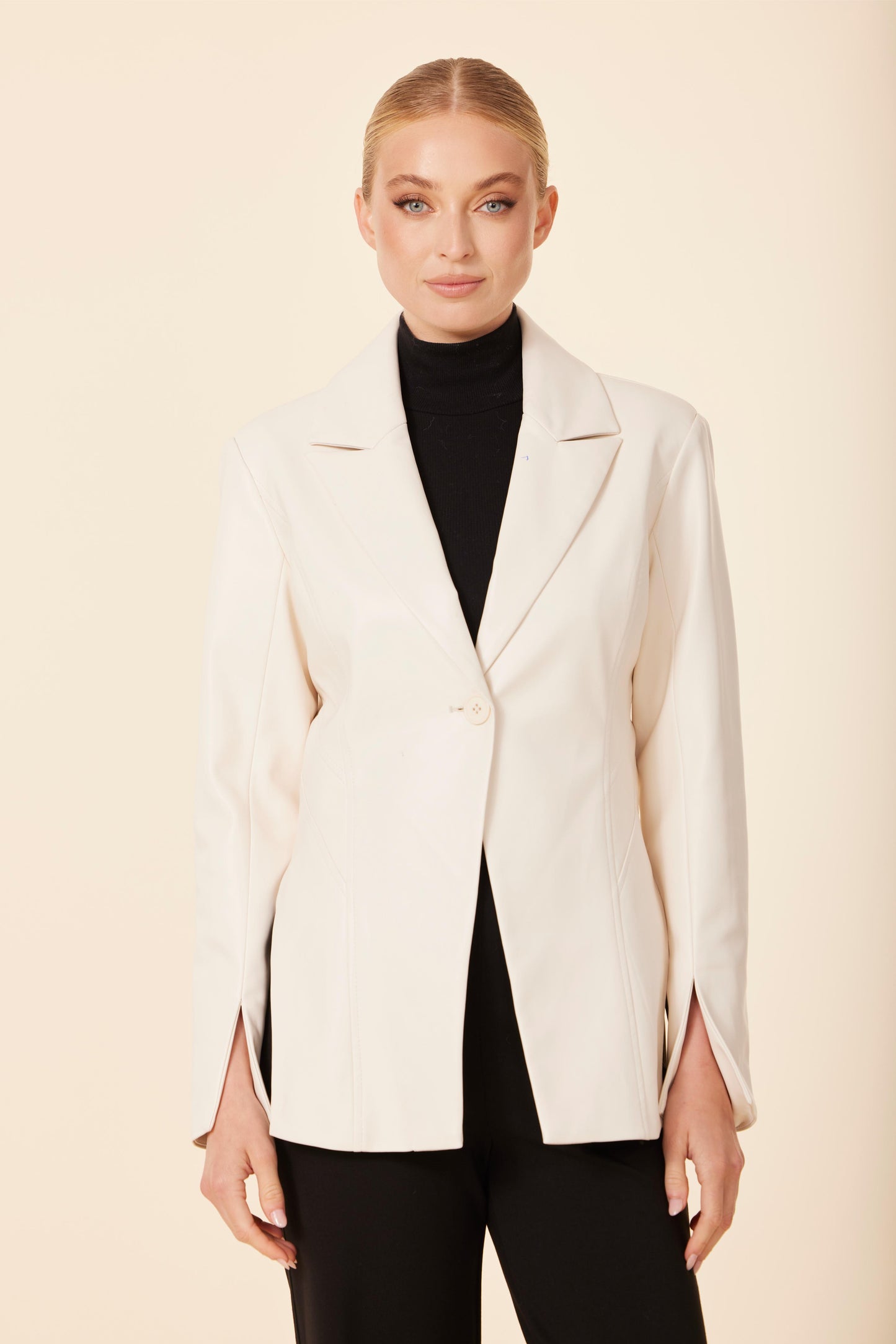Faux Leather Fitted Blazer With Cuff And Side Vents