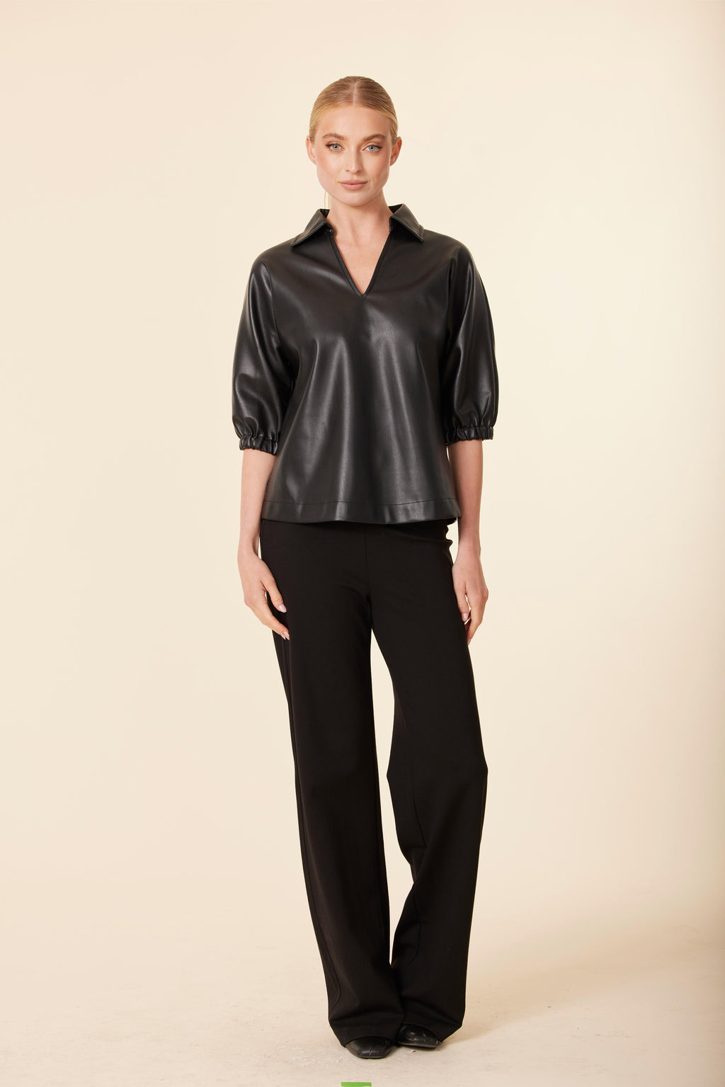 Faux Leather V Neck Short Sleeve Top