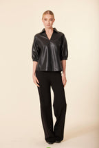 Faux Leather V Neck Short Sleeve Top