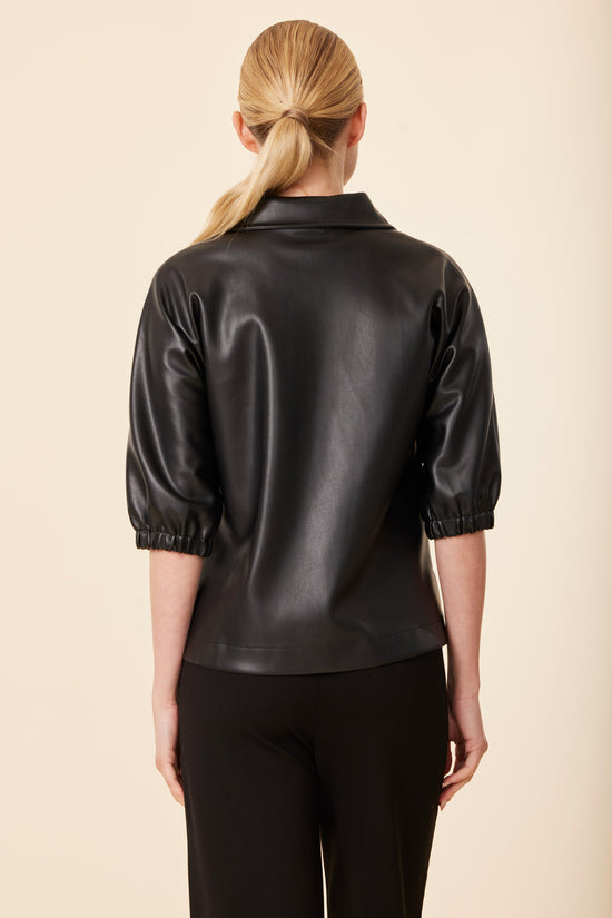 Faux Leather V Neck Short Sleeve Top