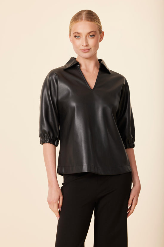 Faux Leather V Neck Short Sleeve Top