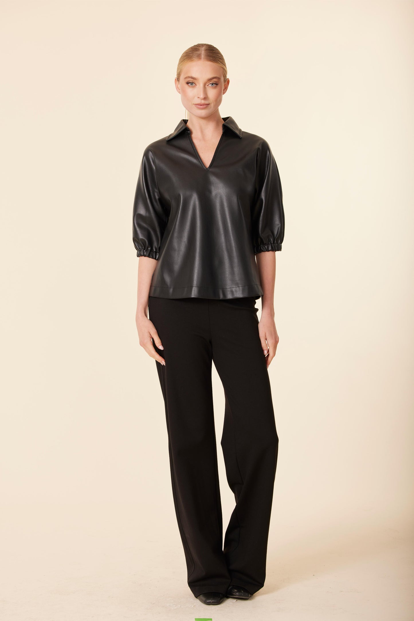 Faux Leather V Neck Short Sleeve Top