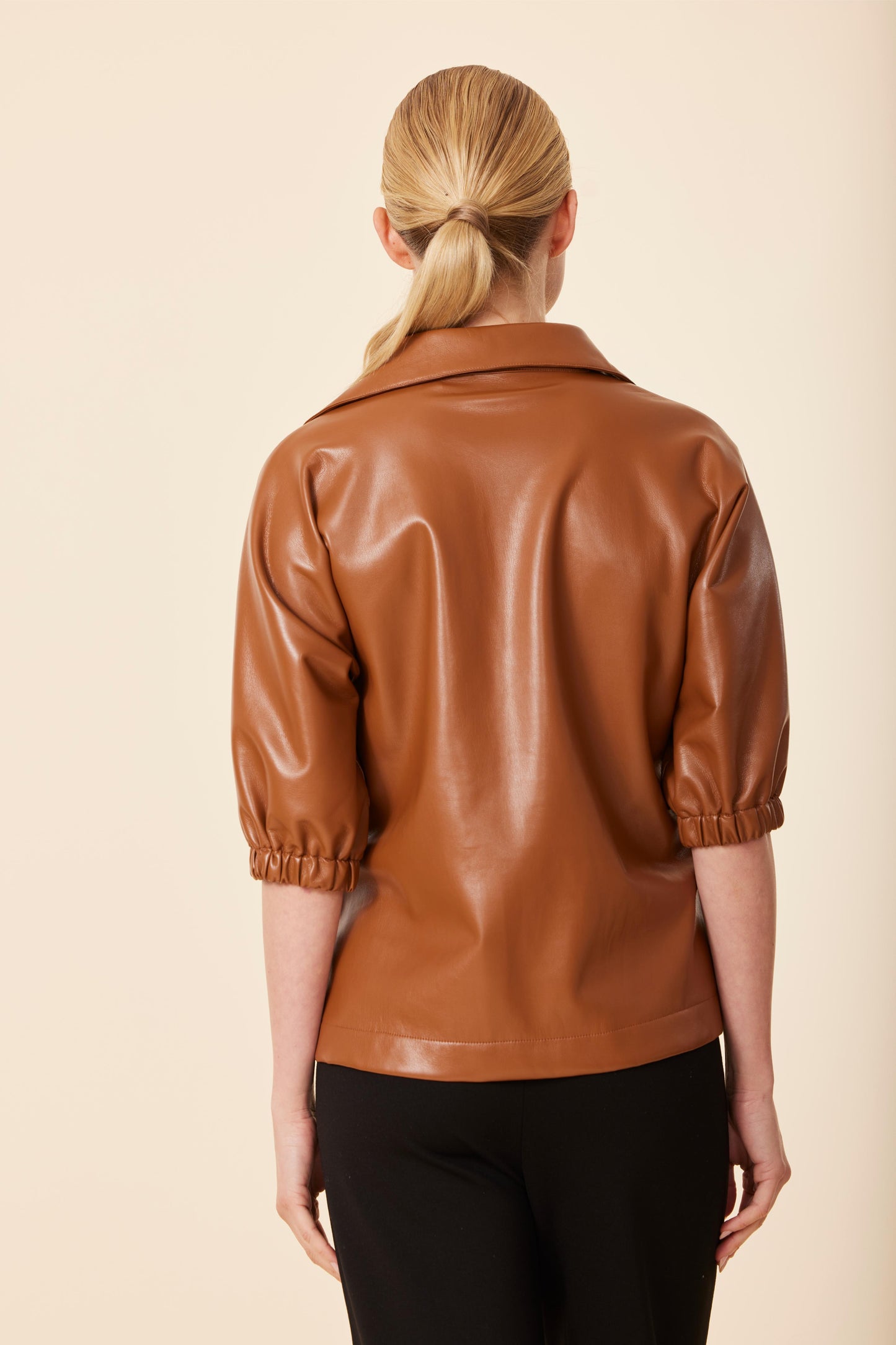 Faux Leather V Neck Short Sleeve Top