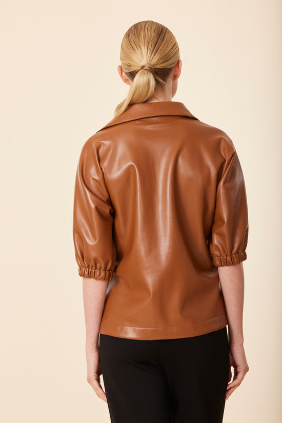 Faux Leather V Neck Short Sleeve Top