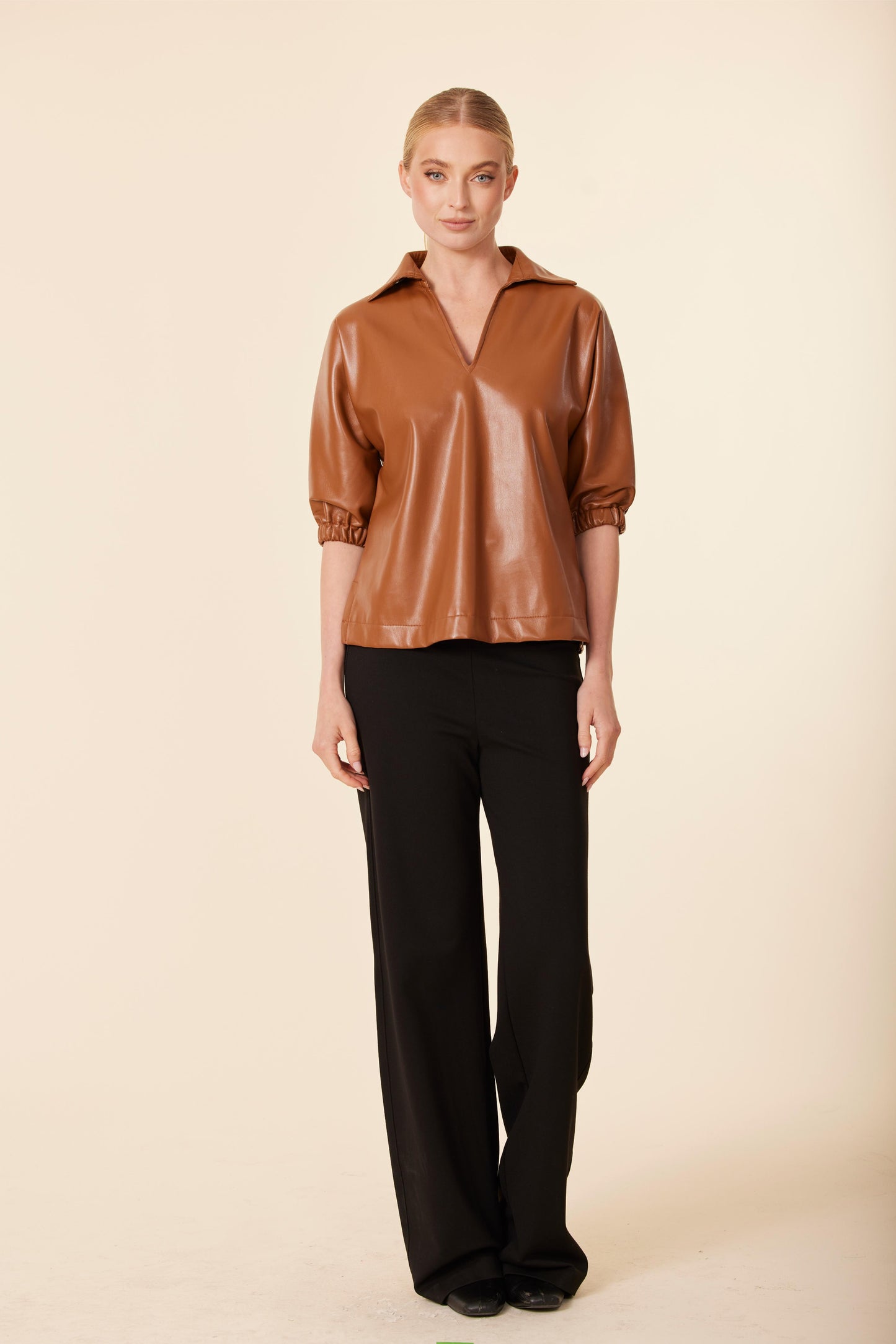 Faux Leather V Neck Short Sleeve Top