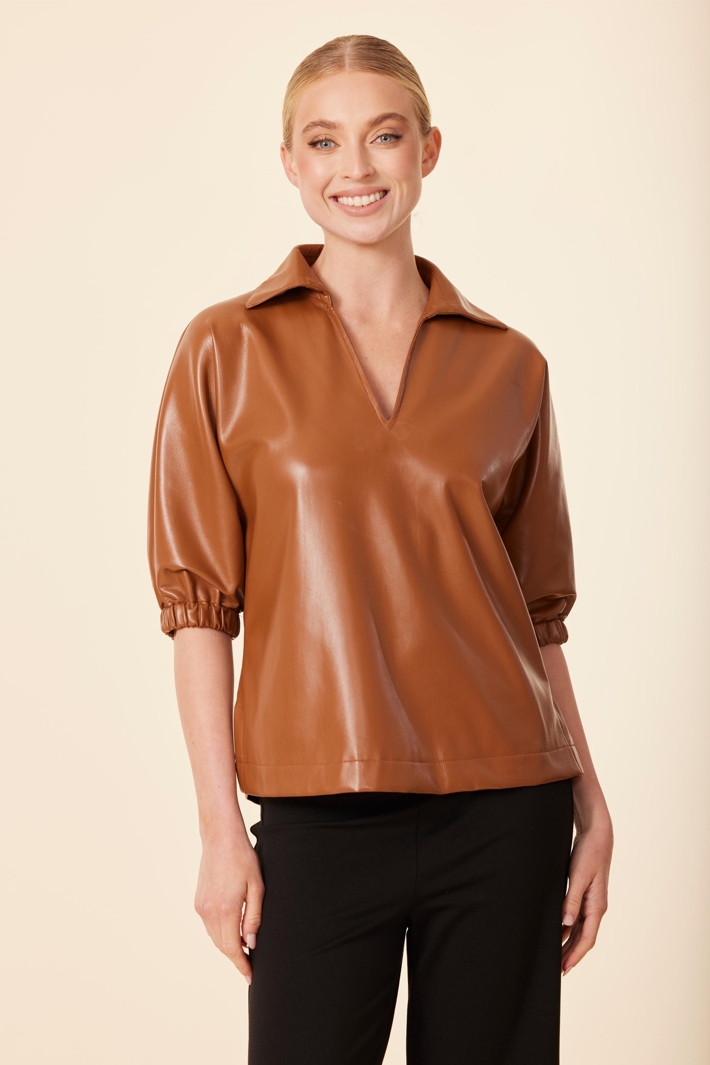 Faux Leather V Neck Short Sleeve Top