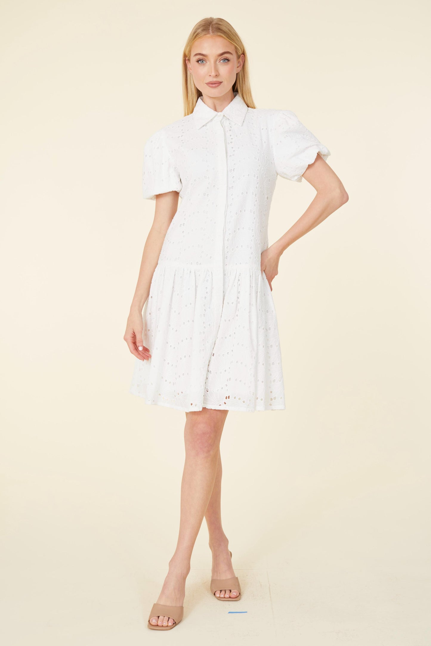 Short Sleeve Eyelet White Dress