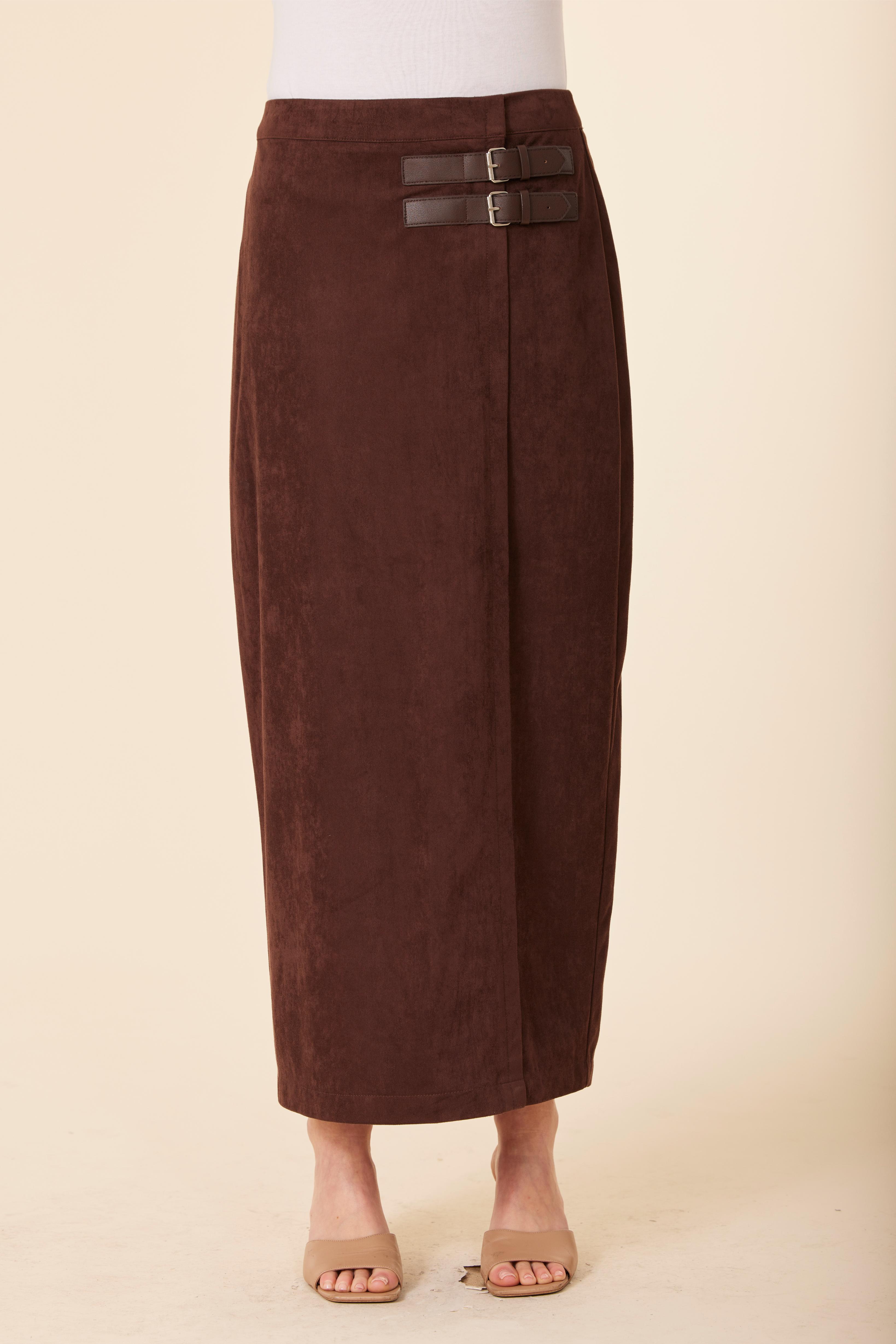 Faux Suede Side Buckle Long Skirt
