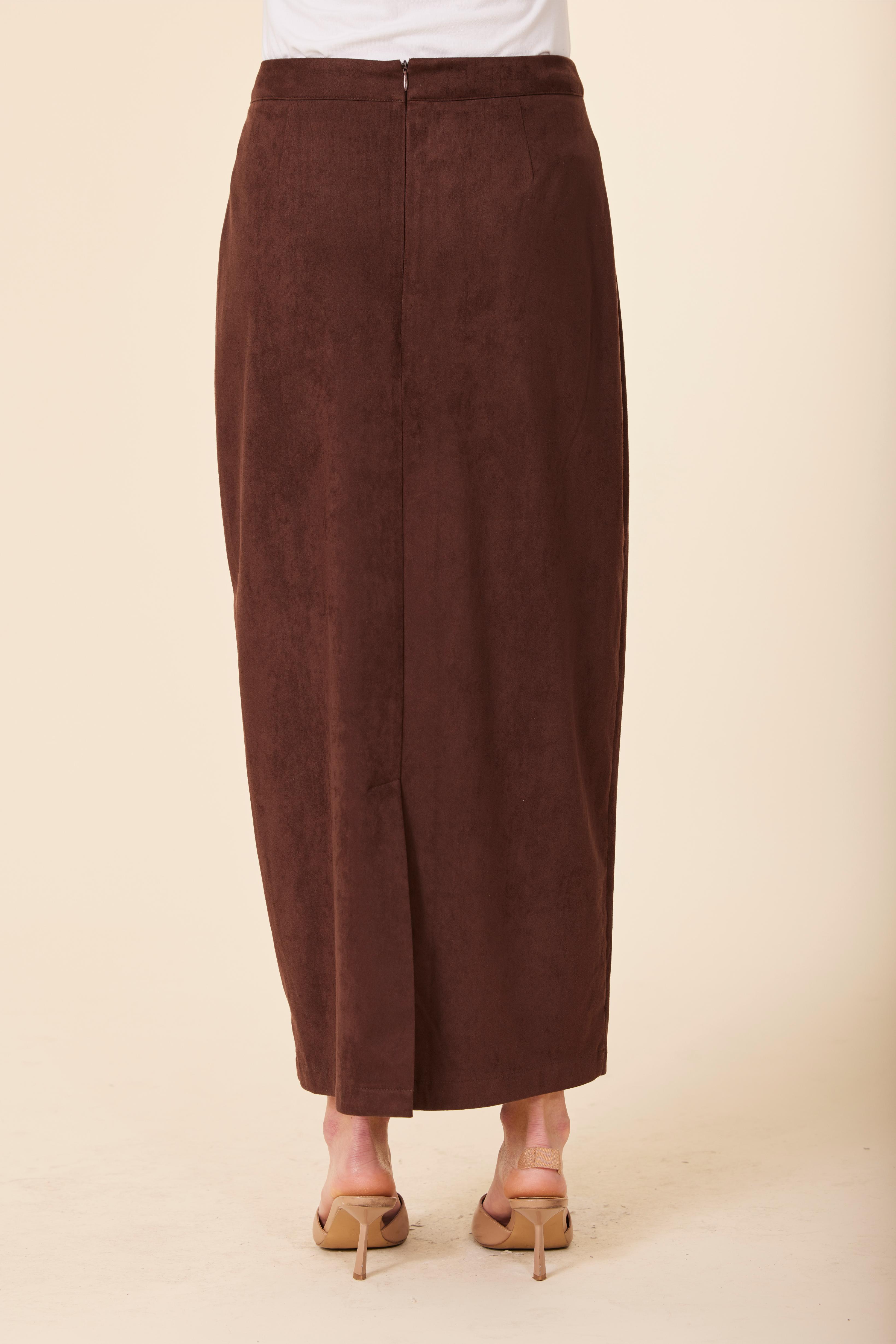 Faux Suede Side Buckle Long Skirt
