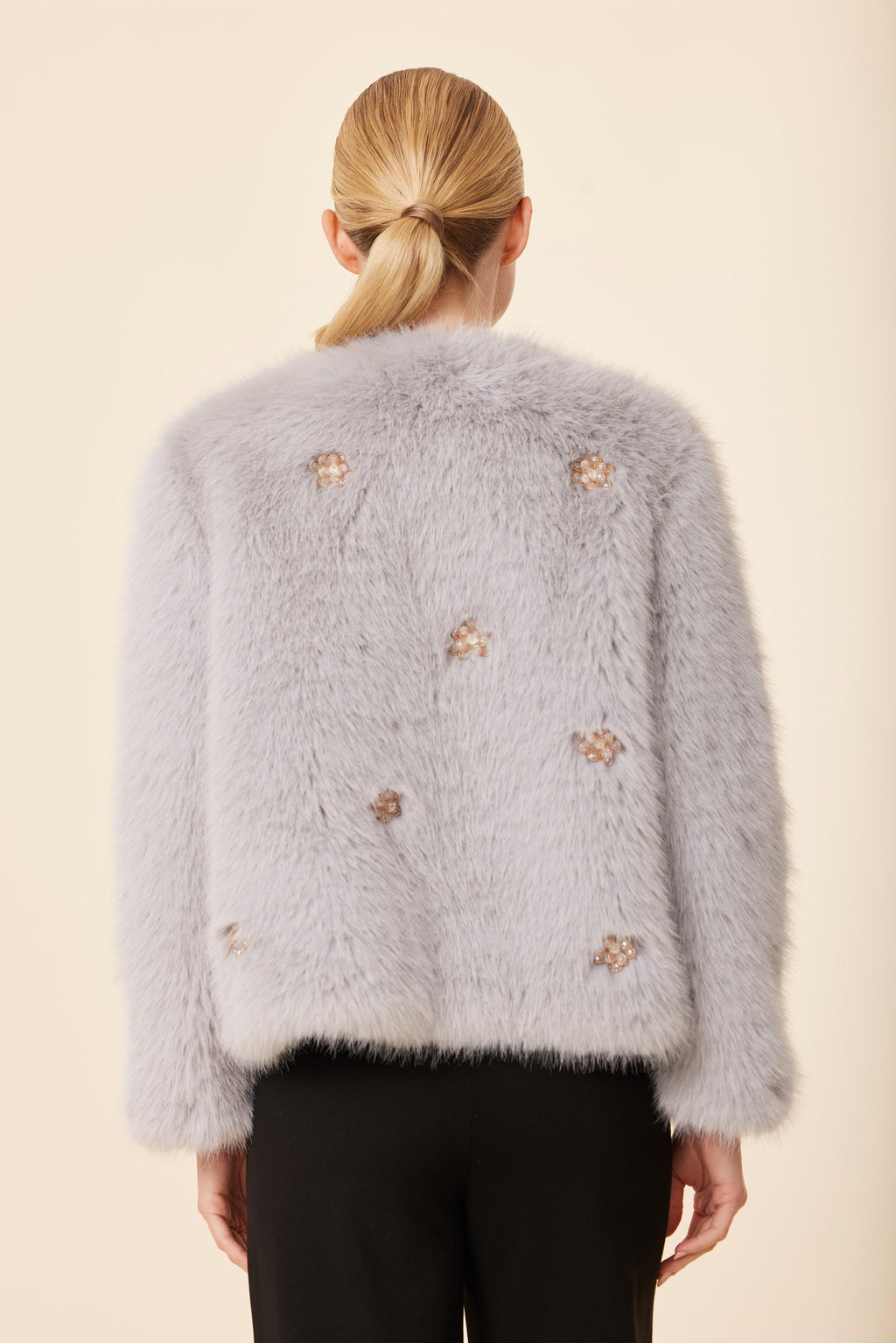 Embellished Rhinestone Flower Faux Fur Jacket