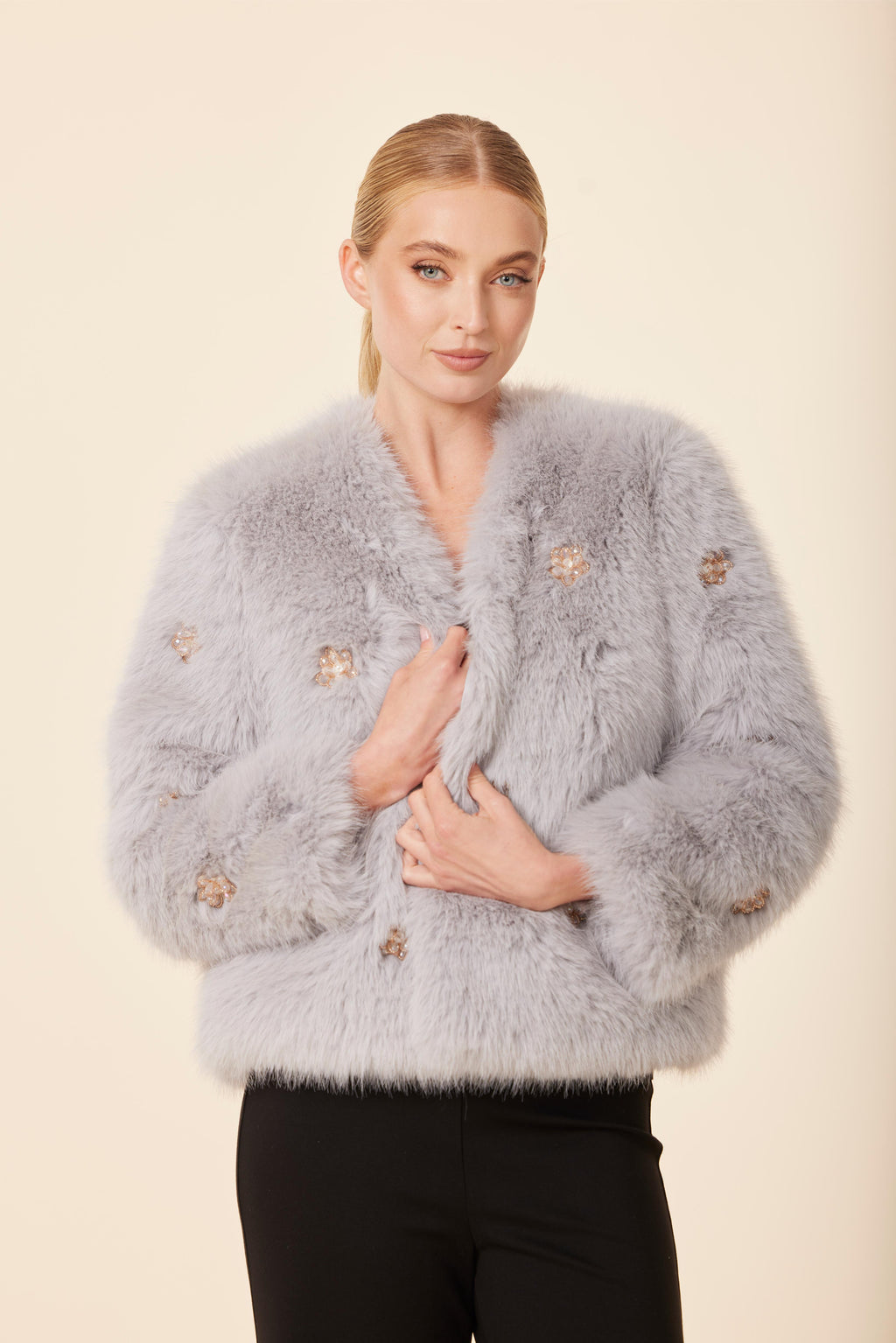 Embellished Rhinestone Flower Faux Fur Jacket