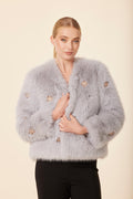 Embellished Rhinestone Flower Faux Fur Jacket