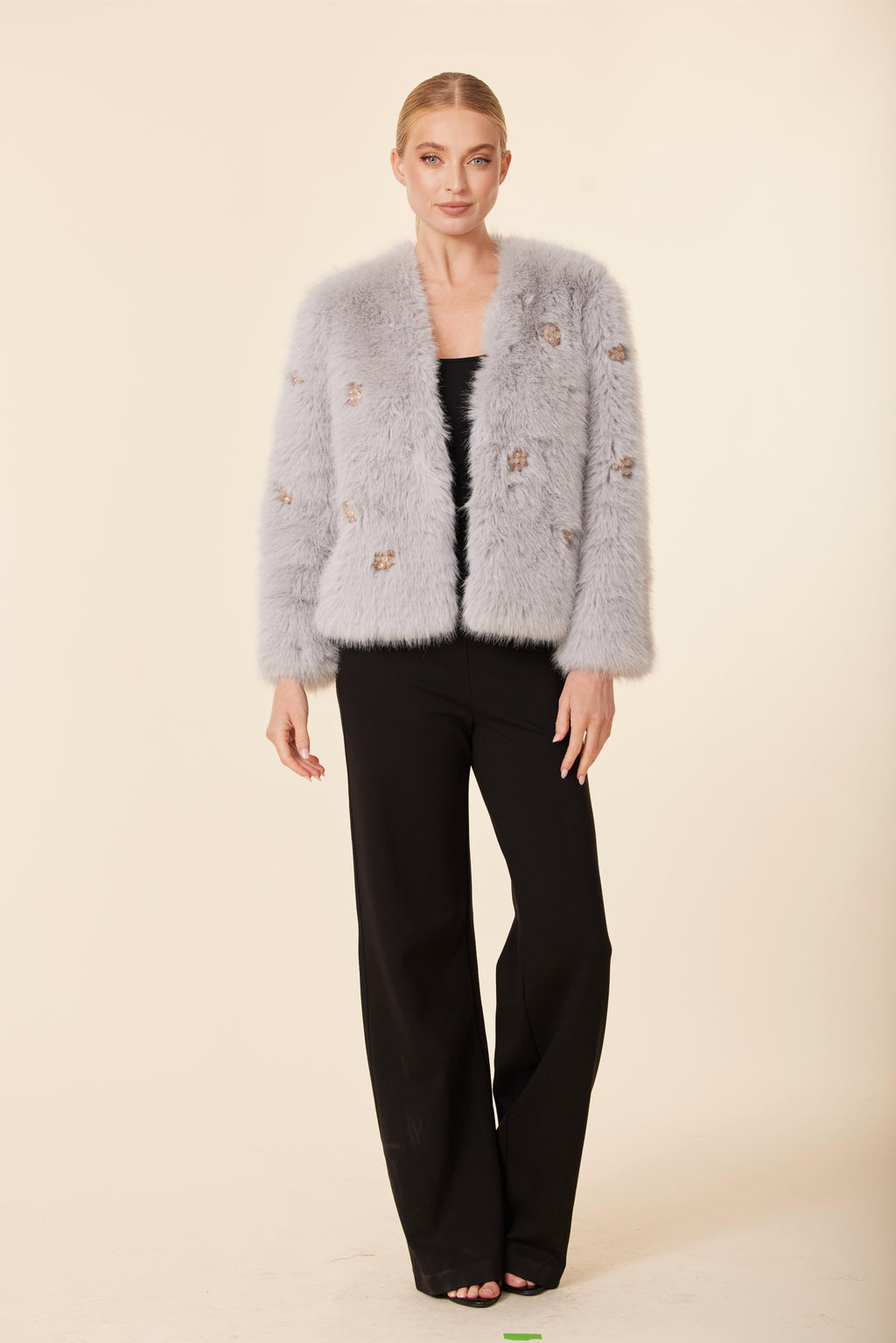Embellished Rhinestone Flower Faux Fur Jacket