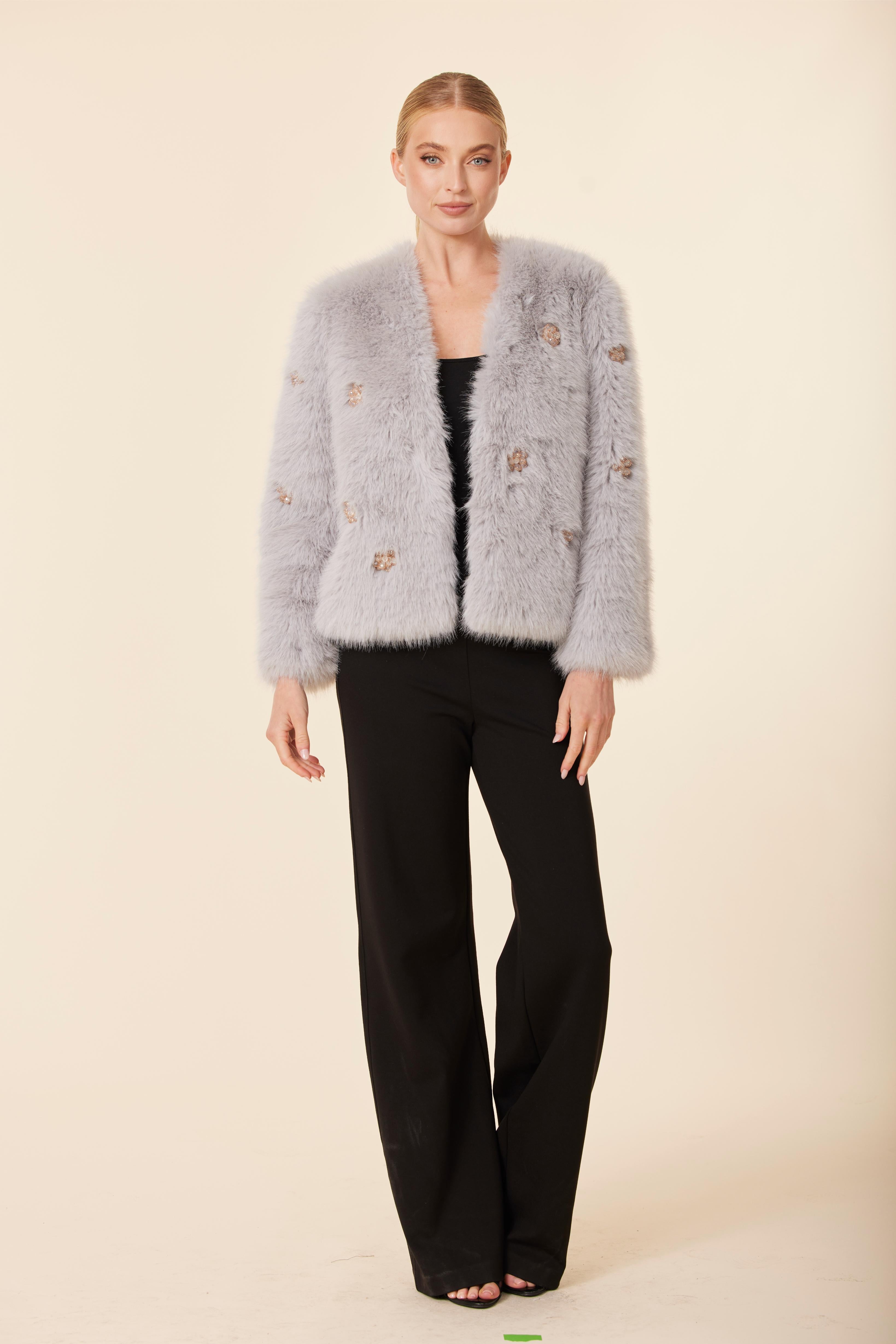 Embellished Rhinestone Flower Faux Fur Jacket