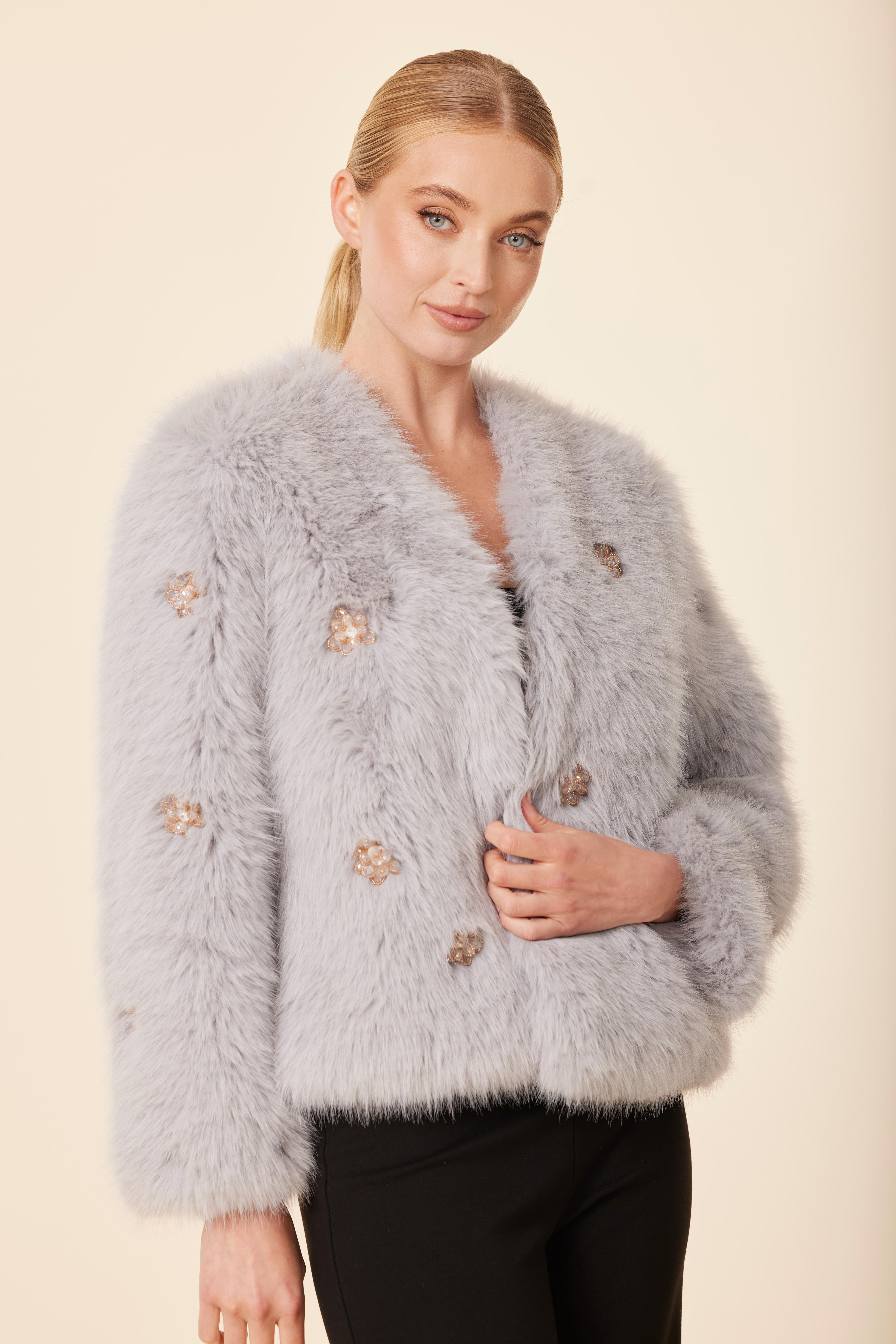 Embellished Rhinestone Flower Faux Fur Jacket