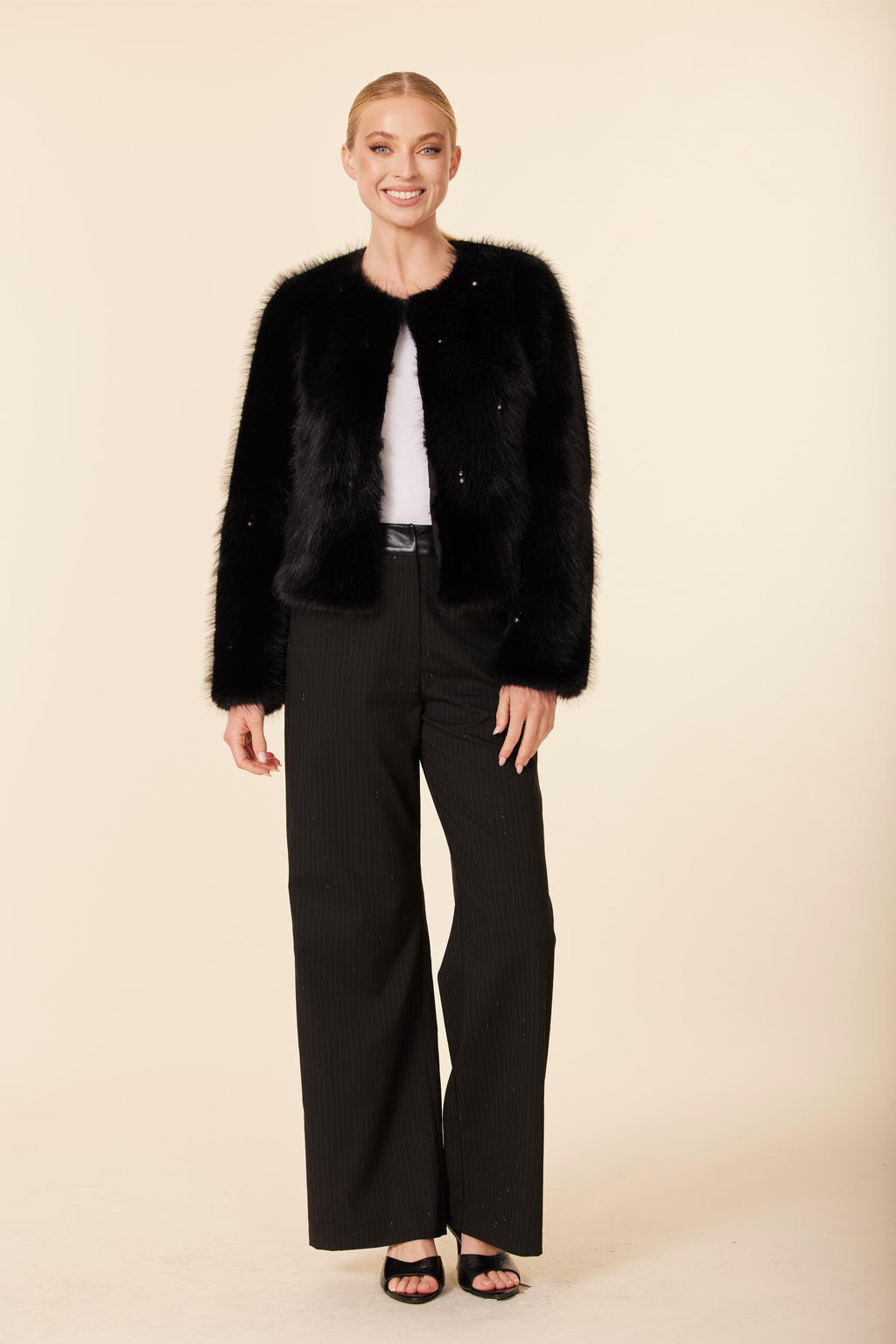 Embellished Pearl And Rhinestone Faux Fur Jacket