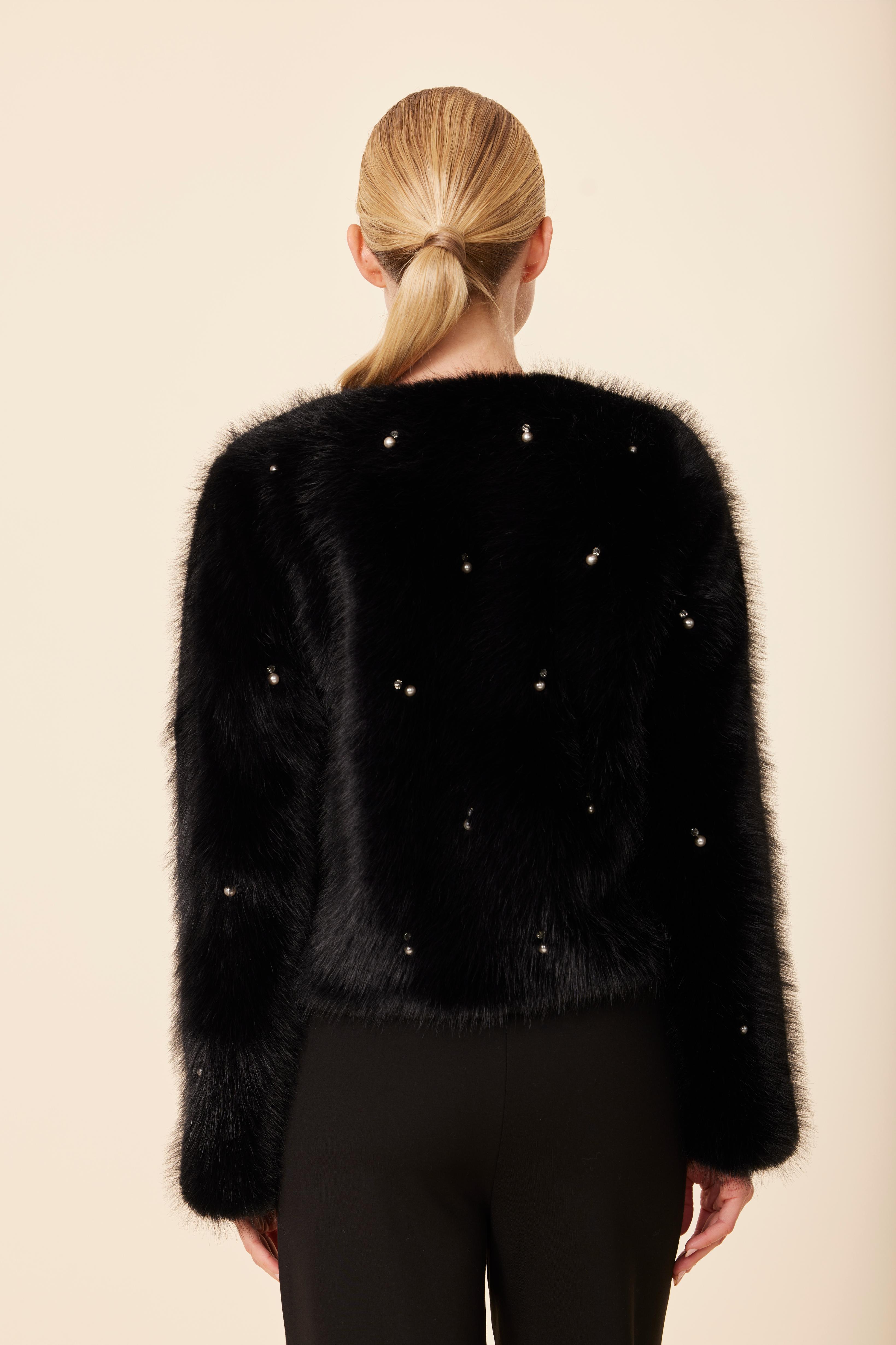 Embellished Pearl And Rhinestone Faux Fur Jacket