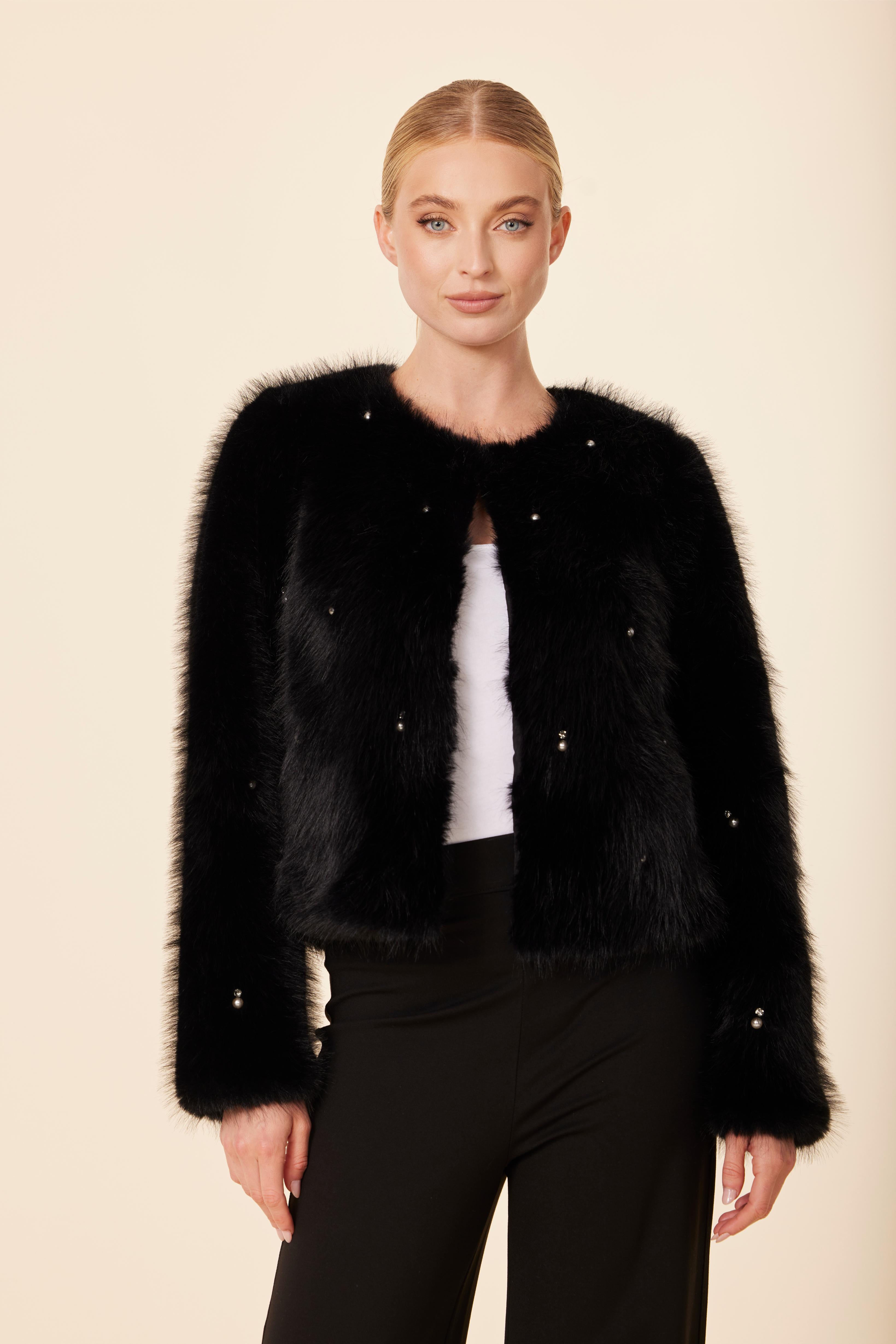 Embellished Pearl And Rhinestone Faux Fur Jacket