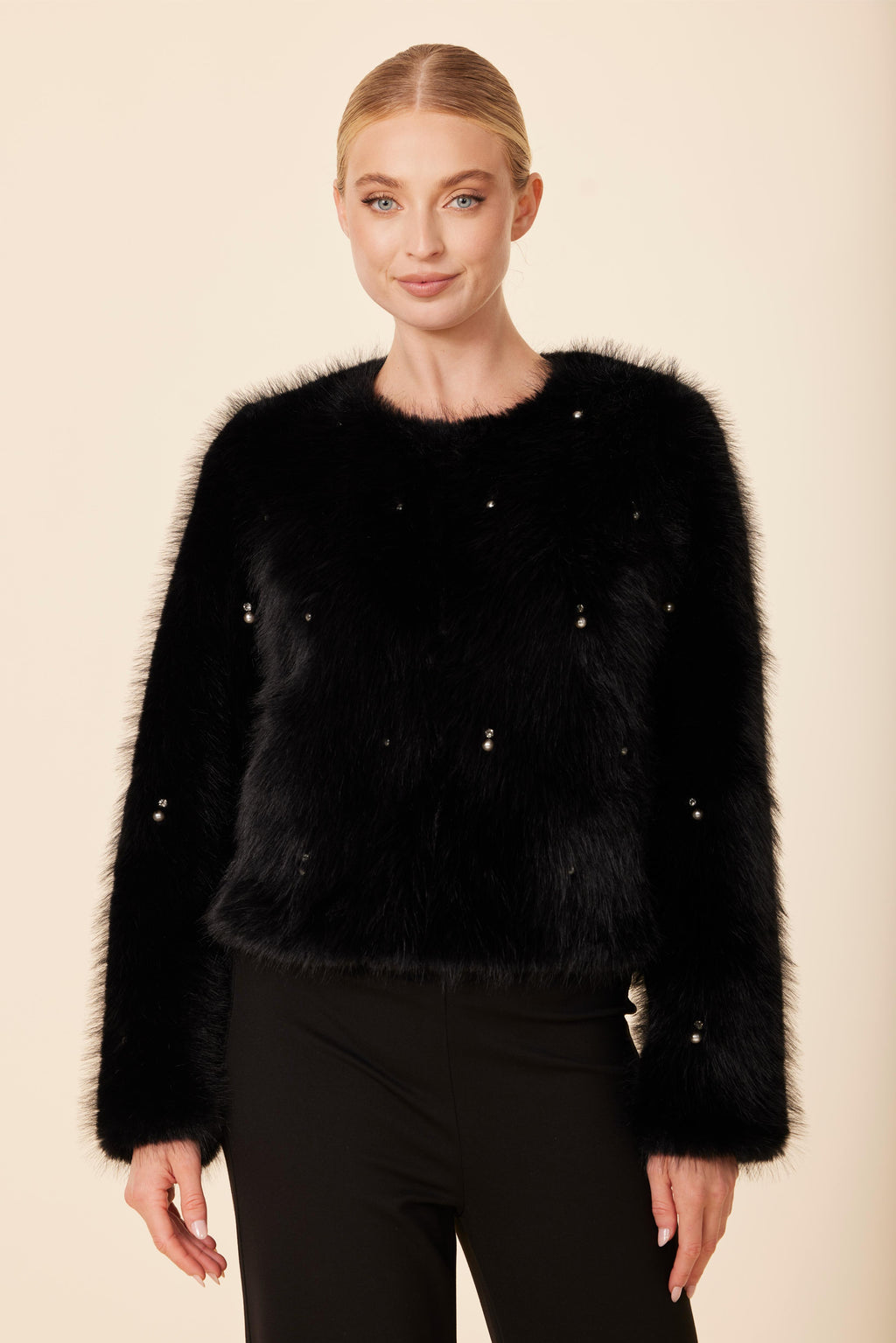 Embellished Pearl And Rhinestone Faux Fur Jacket