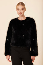 Embellished Pearl And Rhinestone Faux Fur Jacket