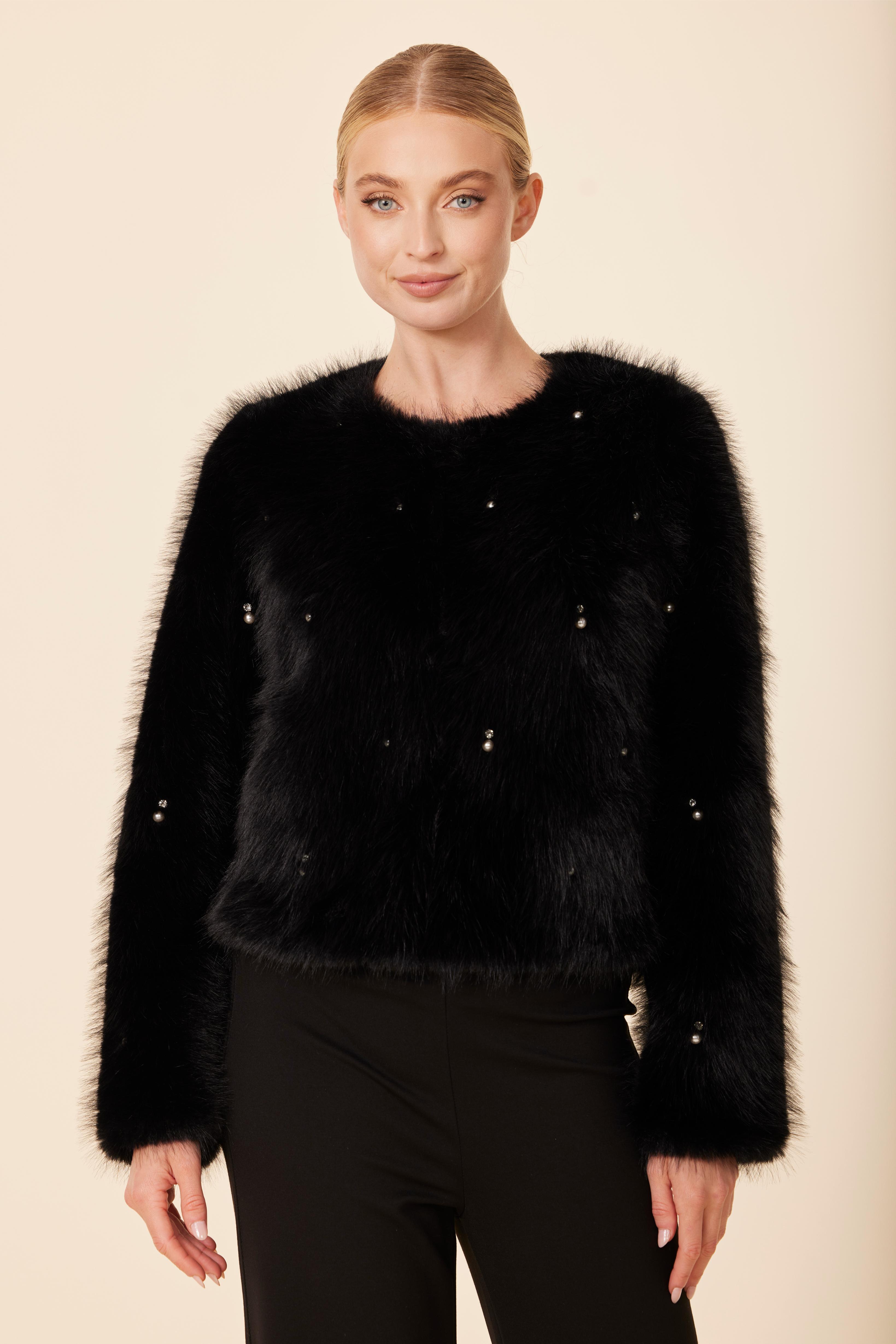 Embellished Pearl And Rhinestone Faux Fur Jacket