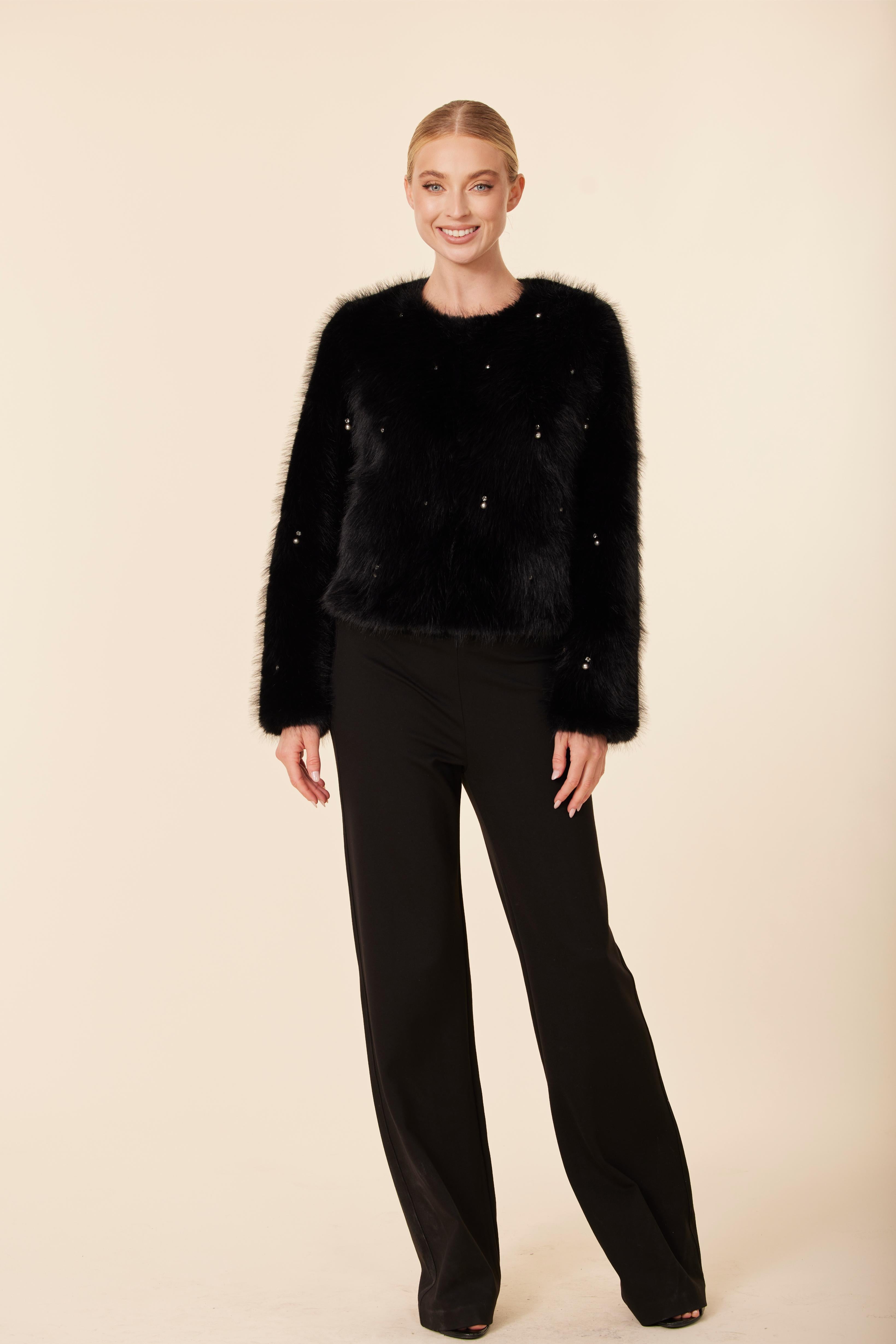 Embellished Pearl And Rhinestone Faux Fur Jacket