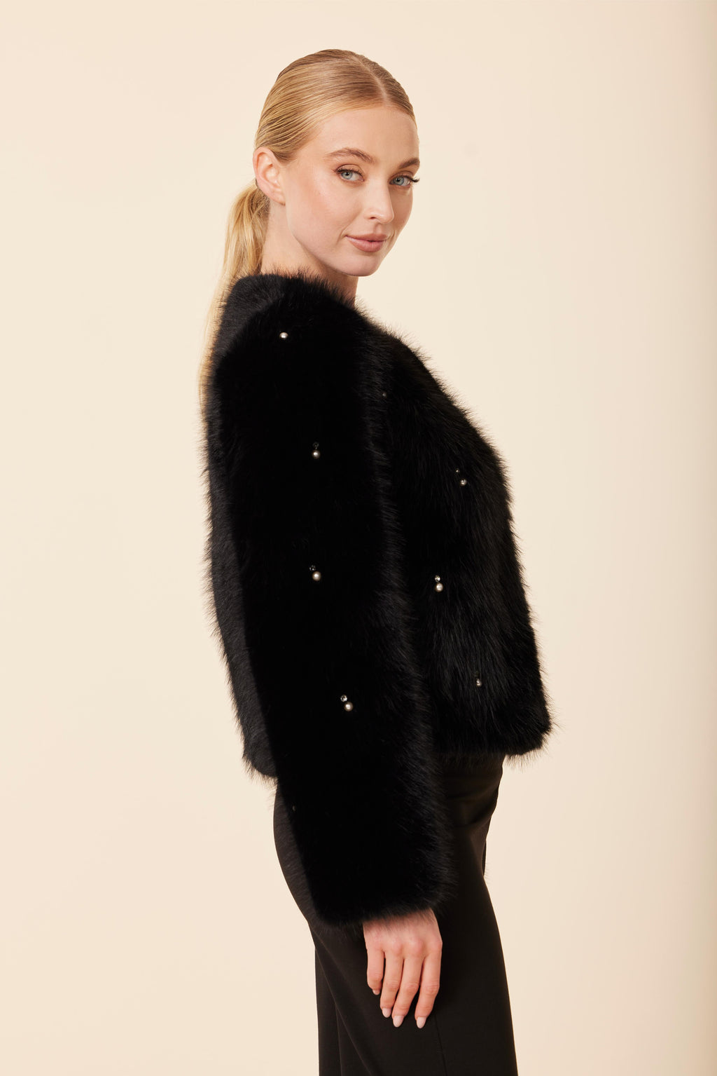 Embellished Pearl And Rhinestone Faux Fur Jacket