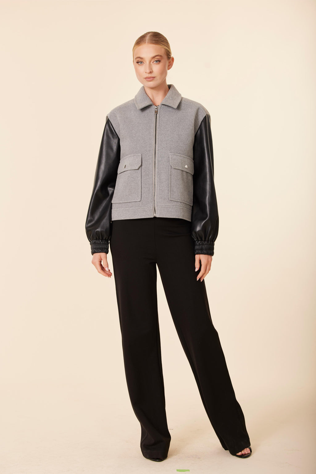 Faux Leather Sleeve Zip Jacket