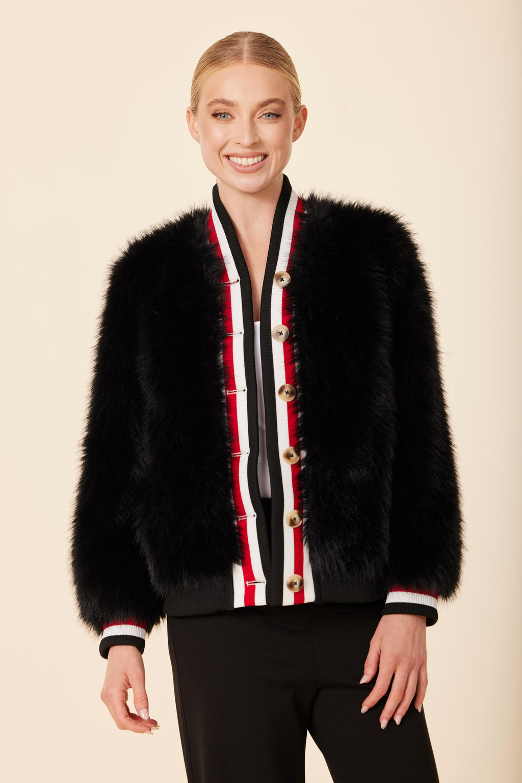 Faux Fur Racer Stripe Jacket
