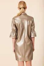 Faux Leather Metallic Ruffle Sleeve Dress